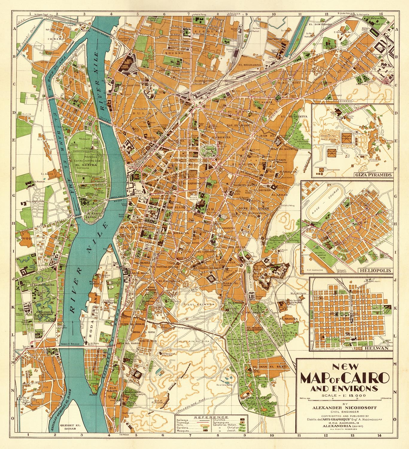 Vintage-style illustrated map of Cairo and its environs, showing streets, buildings, parks, and waterways in tan, green, blue, and cream tones, with inset maps and a title panel in the lower right.