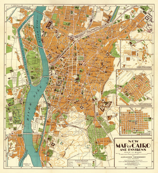 Vintage-style illustrated map of Cairo and its environs, showing streets, buildings, parks, and waterways in tan, green, blue, and cream tones, with inset maps and a title panel in the lower right.