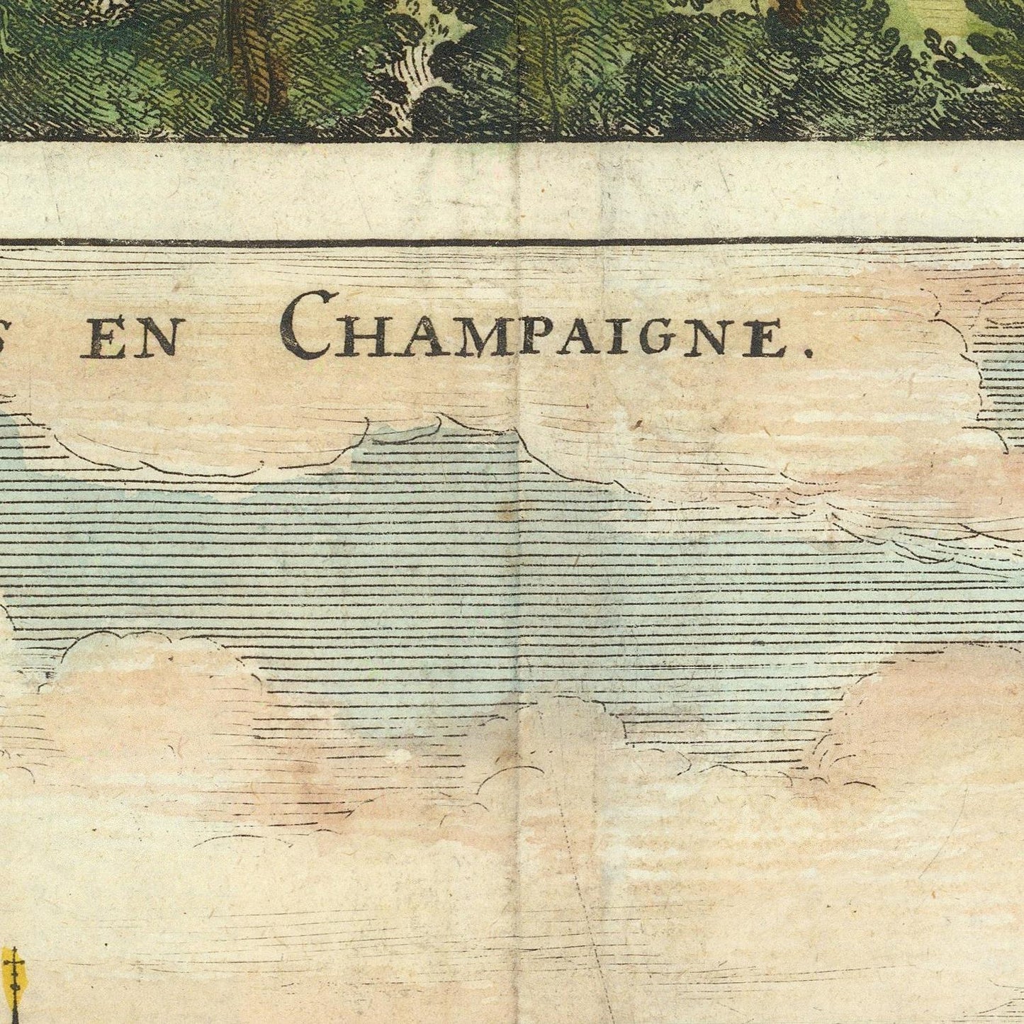 Close-up of an antique map or print showing the words “EN CHAMPAIGNE.” in black serif lettering on aged beige paper, with a blue-gray hatched water feature and a dark green illustrated band across the top.