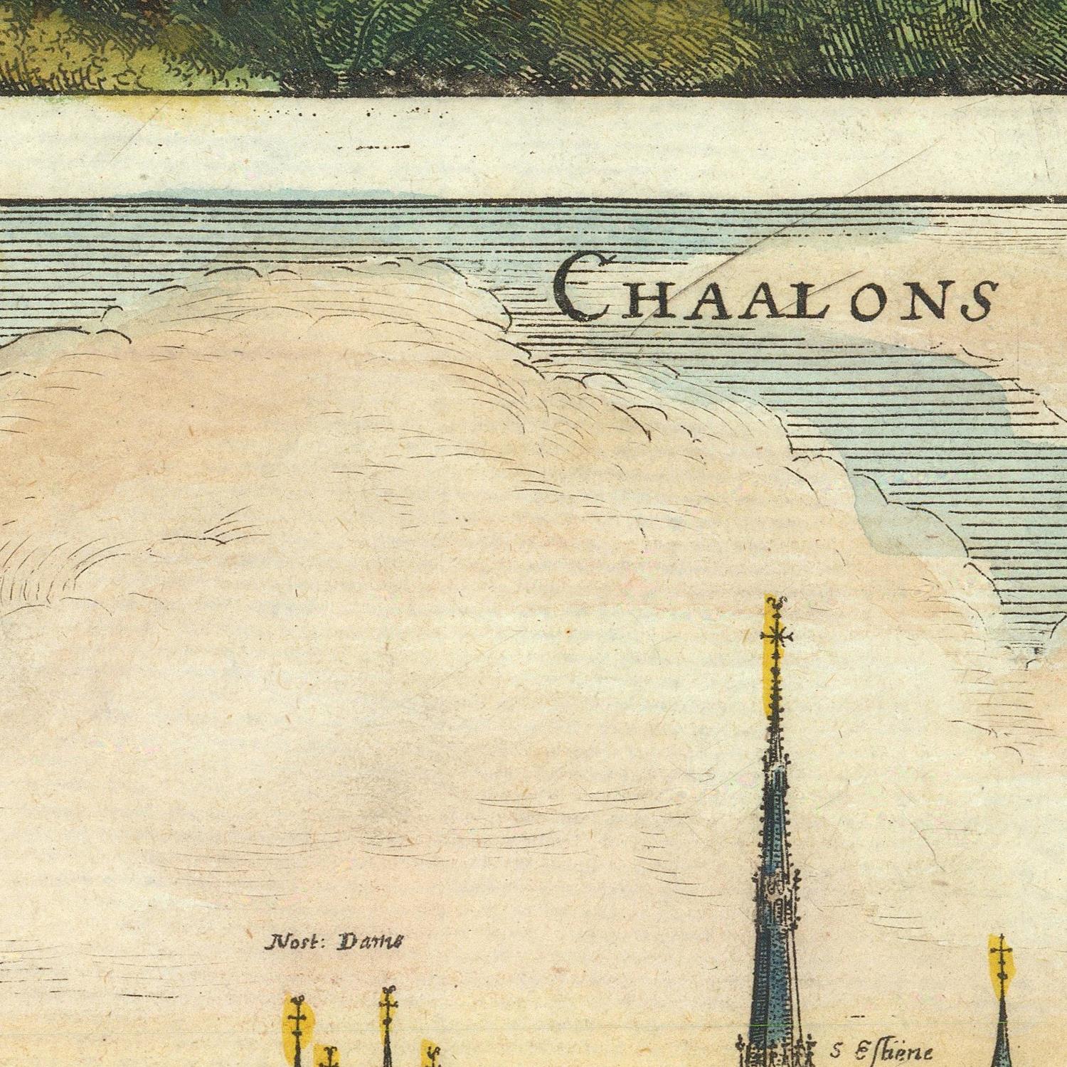 A vintage-style map or print showing the town of Chaalons, with a large pale cloud or landform across the center, blue hatched water or sky above, and a tall dark tower at the lower right.