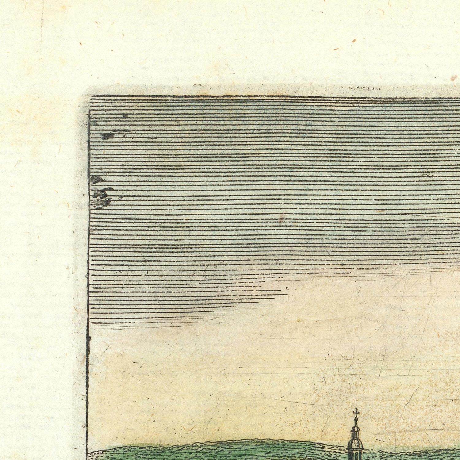 Close-up of a vintage print or artwork showing a large rectangular area filled with fine horizontal lines, with a pale cream background and a small green landform and tower detail at the bottom right.