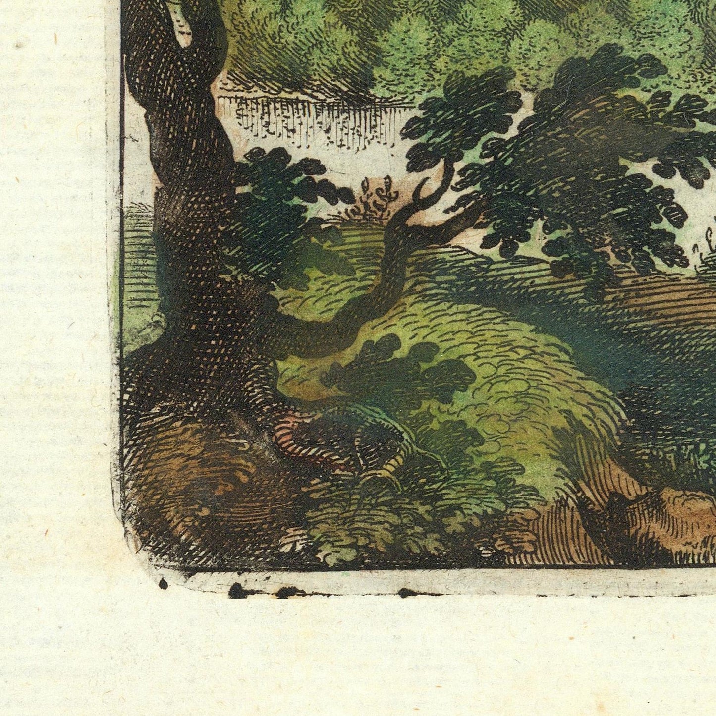 A close-up detail of a vintage landscape print showing a tree trunk, green foliage, and textured ground on aged paper.