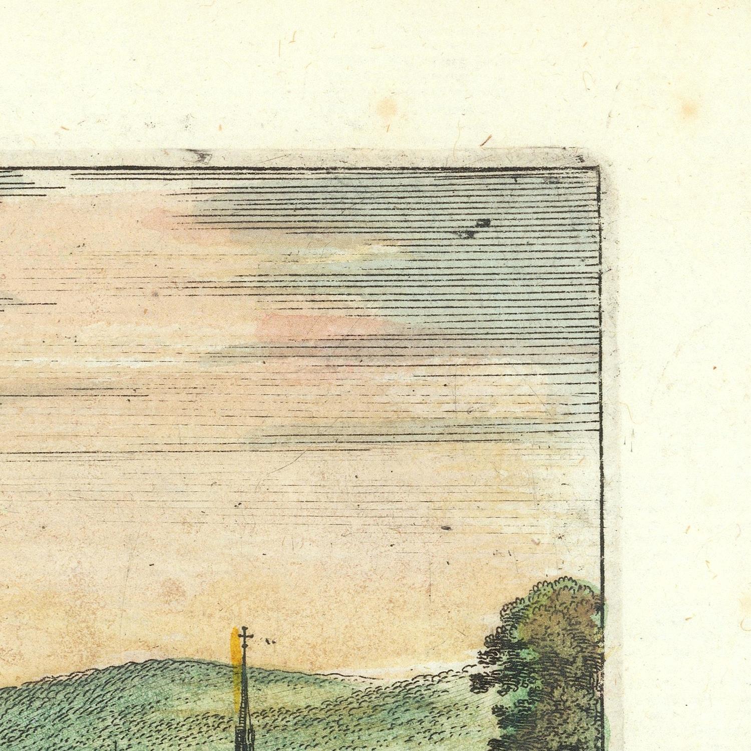 A close-up corner view of a vintage landscape print or etching showing a pale sky with fine horizontal lines, low green hills, a small tree, and a utility pole, on aged cream paper.