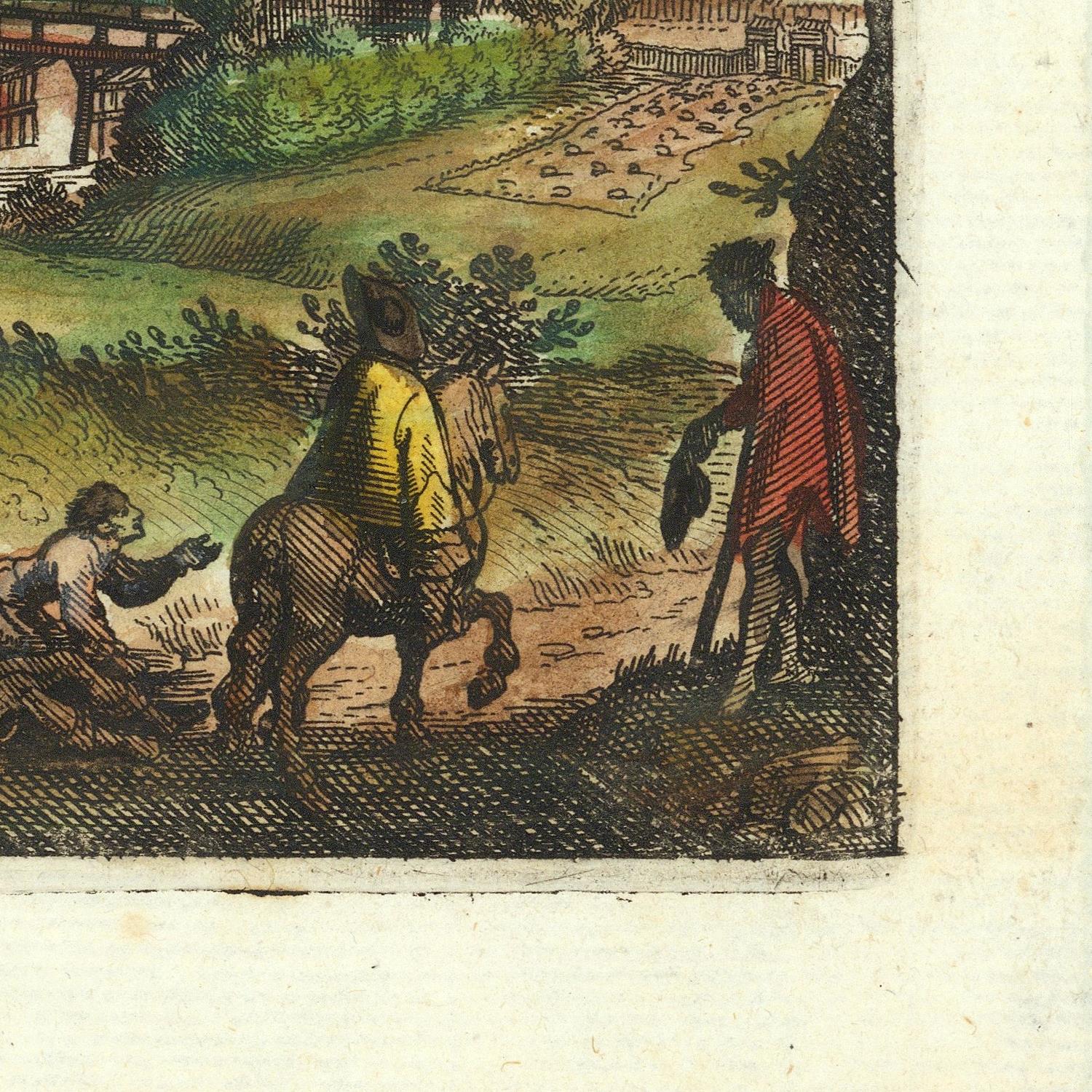 A close-up of a vintage-style illustration showing a rider on a horse, a person in a red cloak standing nearby, and another figure at left, with a light-colored border around the printed scene.