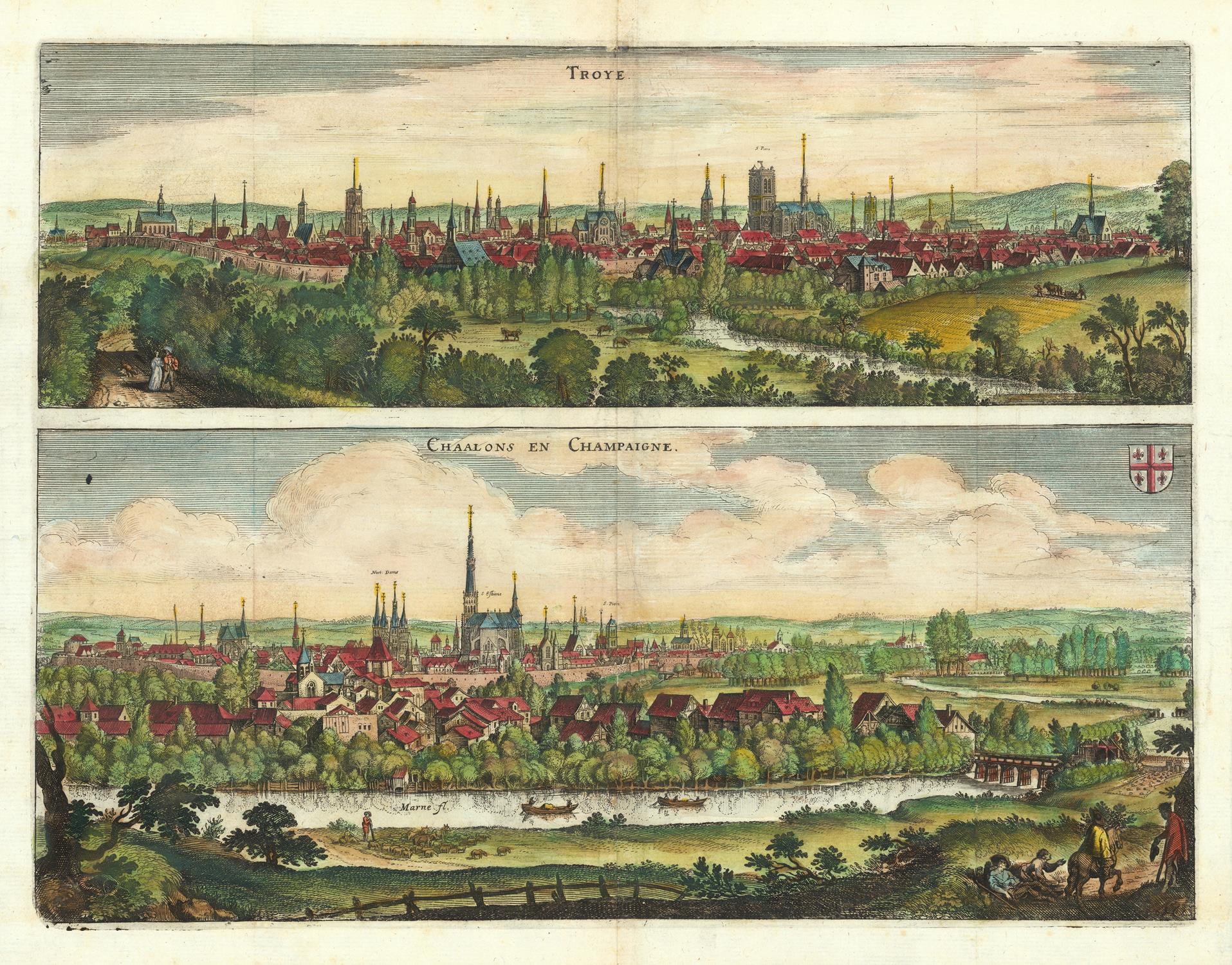 A vintage double-printed art plate showing two panoramic city landscapes: 'Trois-Valles' at the top and 'Chamagne en Champagne' at the bottom, printed in muted green, beige, and red tones.