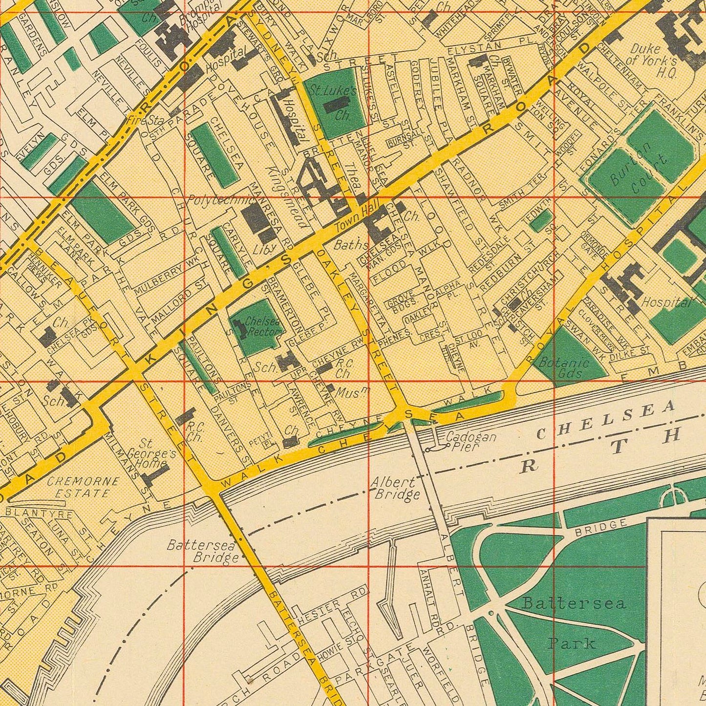 Vintage street map print showing a detailed urban layout with labeled streets, buildings, parks, and water features, overlaid with a red grid.