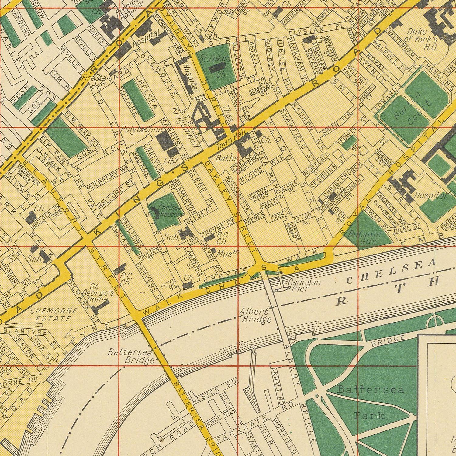 Vintage street map print showing a detailed urban layout with labeled streets, buildings, parks, and water features, overlaid with a red grid.