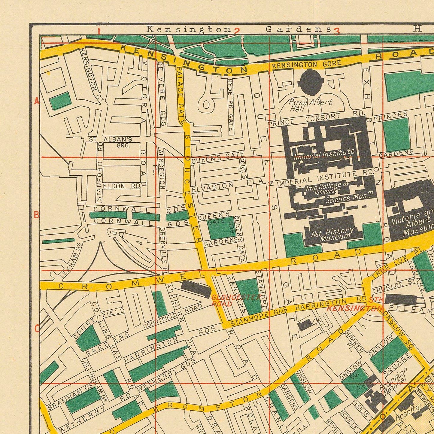 Vintage map print of Washington Square Park and surrounding streets in New York City, with labeled roads, blocks, green park areas, and black building footprints. The map is shown on a beige paper background with yellow road highlights and red grid lines.