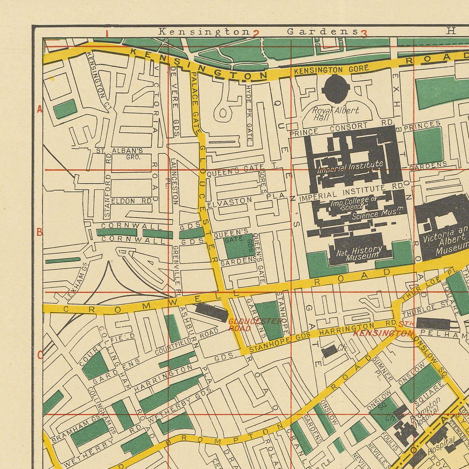 Vintage map print of Washington Square Park and surrounding streets in New York City, with labeled roads, blocks, green park areas, and black building footprints. The map is shown on a beige paper background with yellow road highlights and red grid lines.
