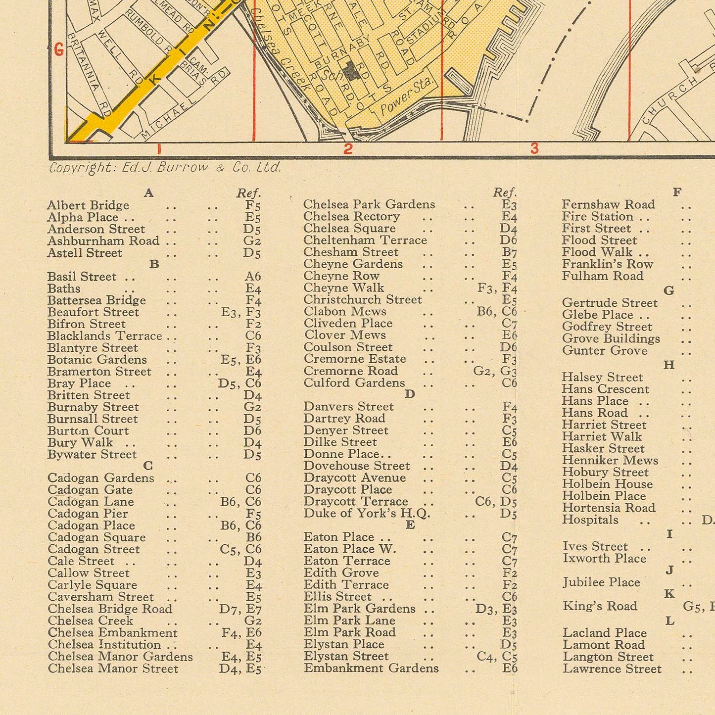 A printed street map page with labeled roads, buildings, and a legend of street abbreviations and place names, shown in a flat, readable layout.