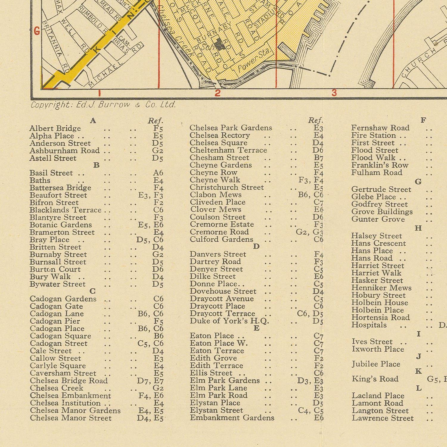 A printed street map page with labeled roads, buildings, and a legend of street abbreviations and place names, shown in a flat, readable layout.