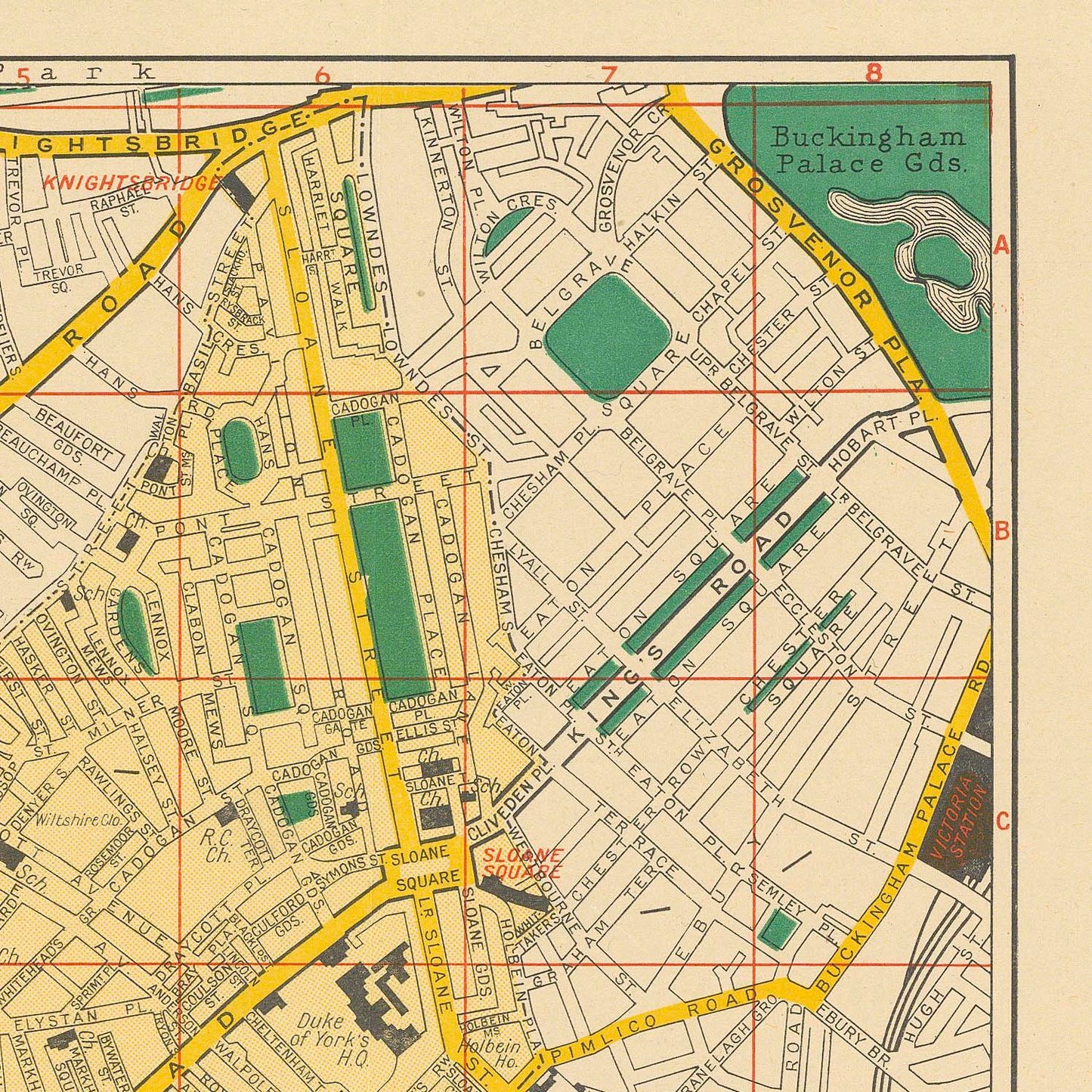 Vintage-style street map print showing a city layout with labeled roads, blocks, green parks, and landmarks including Buckingham Palace Gardens. The map is printed on aged beige paper with yellow highlighted roads and red grid lines.