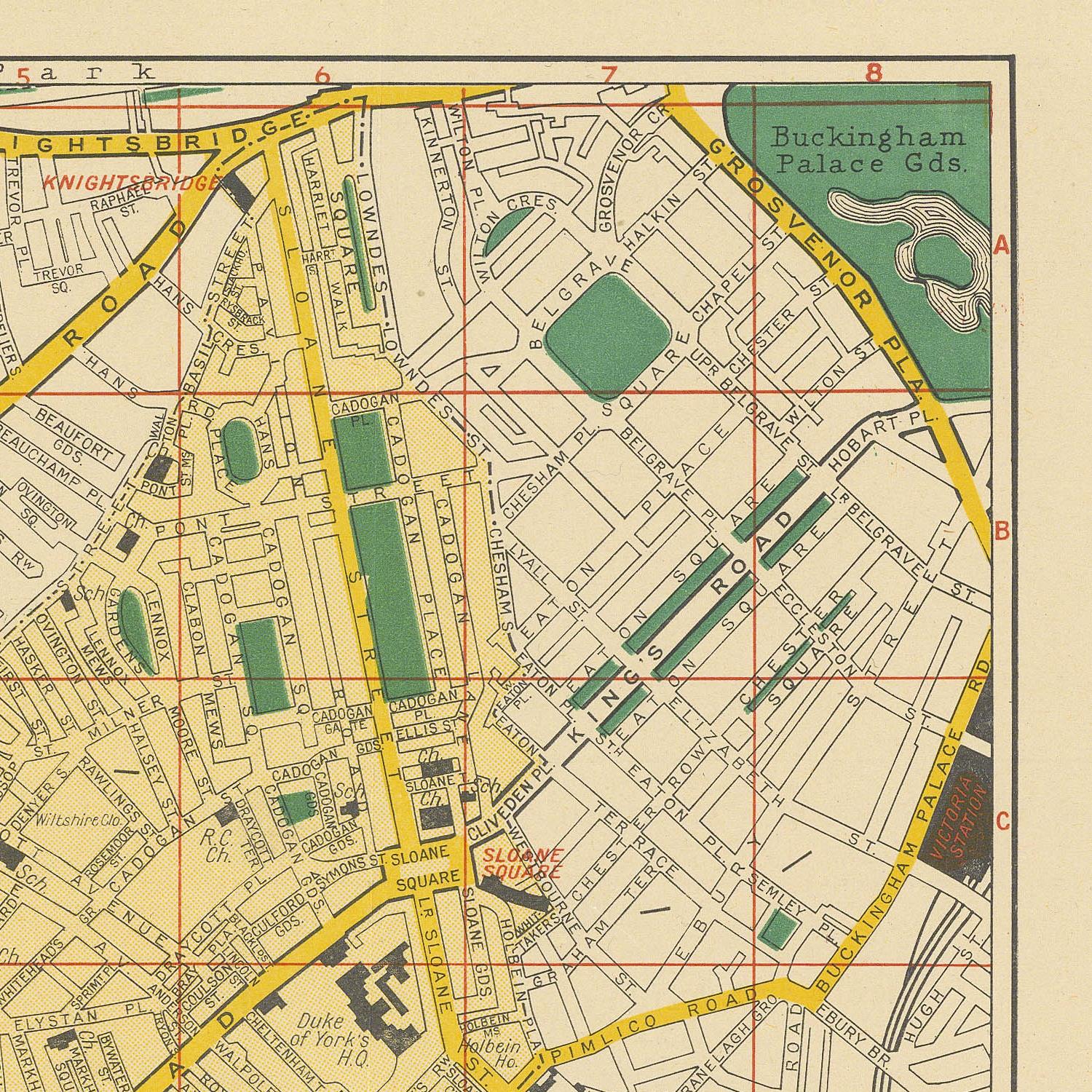 Vintage-style street map print showing a city layout with labeled roads, blocks, green parks, and landmarks including Buckingham Palace Gardens. The map is printed on aged beige paper with yellow highlighted roads and red grid lines.