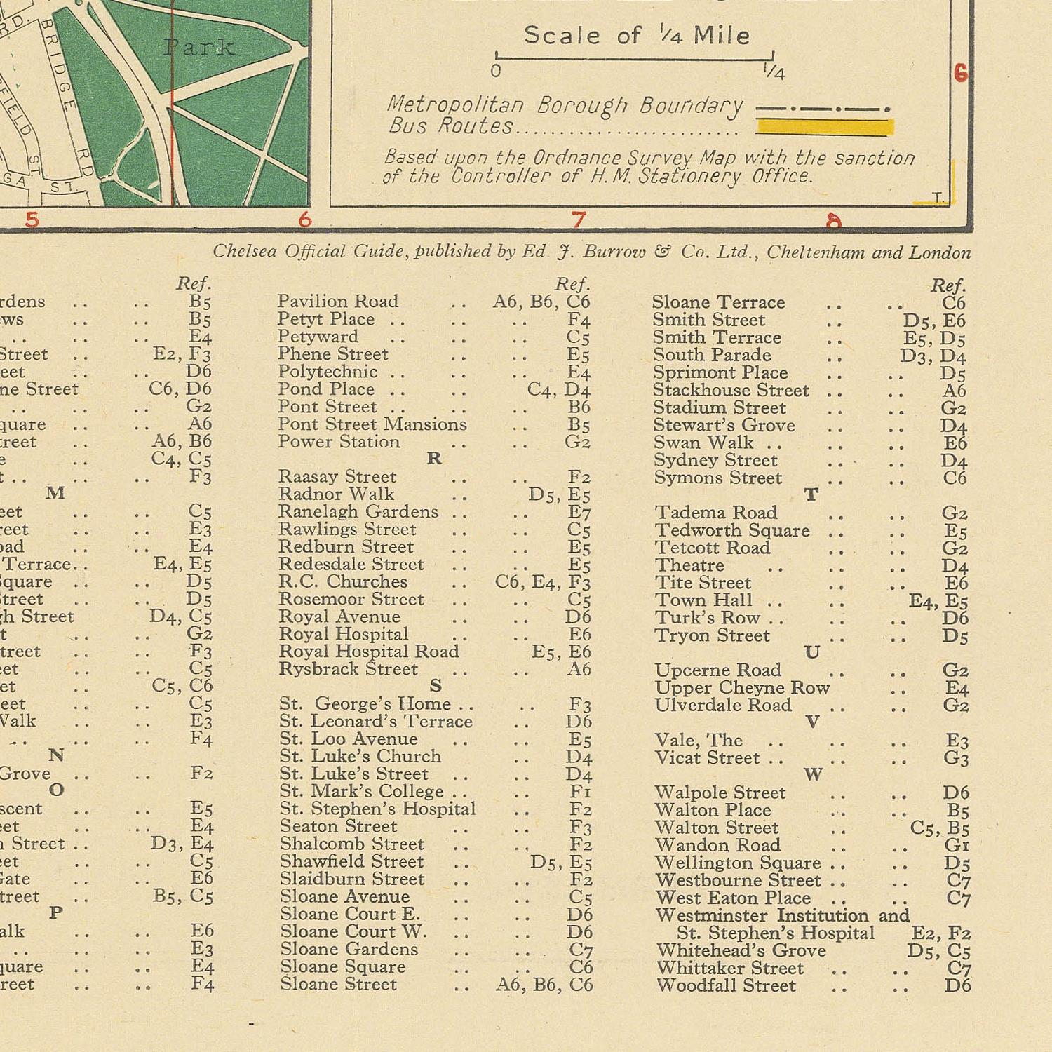 A vintage printed map page titled 'Scale of 1/4 Mile' showing the Metropolitan Borough Boundary Bus Routes, with street names, bus routes, and a small illustrated map section at the top left.