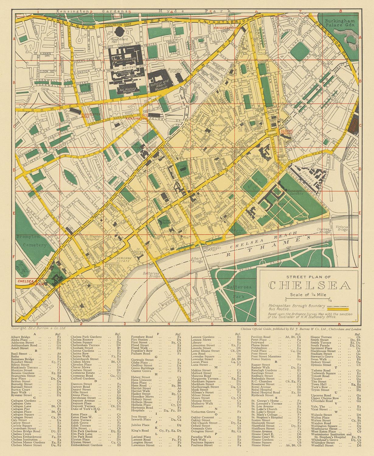 A vintage street map of Chelsea, London, printed in beige, green, yellow, and red tones, with a detailed legend and place names along the bottom margin.