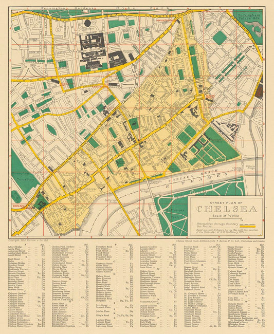 A vintage street map of Chelsea, London, printed in beige, green, yellow, and red tones, with a detailed legend and place names along the bottom margin.