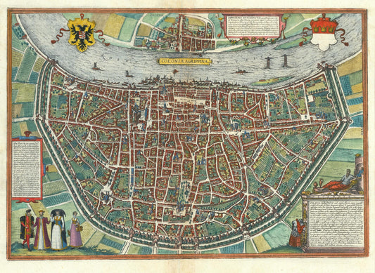 An antique-style map print of Antwerp, Belgium, featuring detailed street layouts, waterways, decorative heraldic emblems, and historical figures in the corners on a cream background.