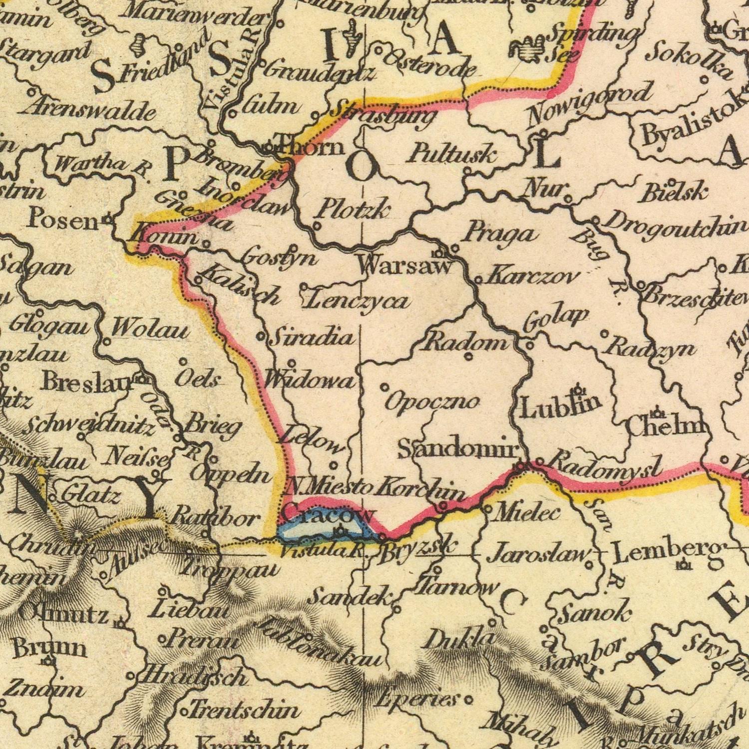 An antique-style map print showing a detailed section of a historical map with place names, borders, and vintage typography on a warm beige background.
