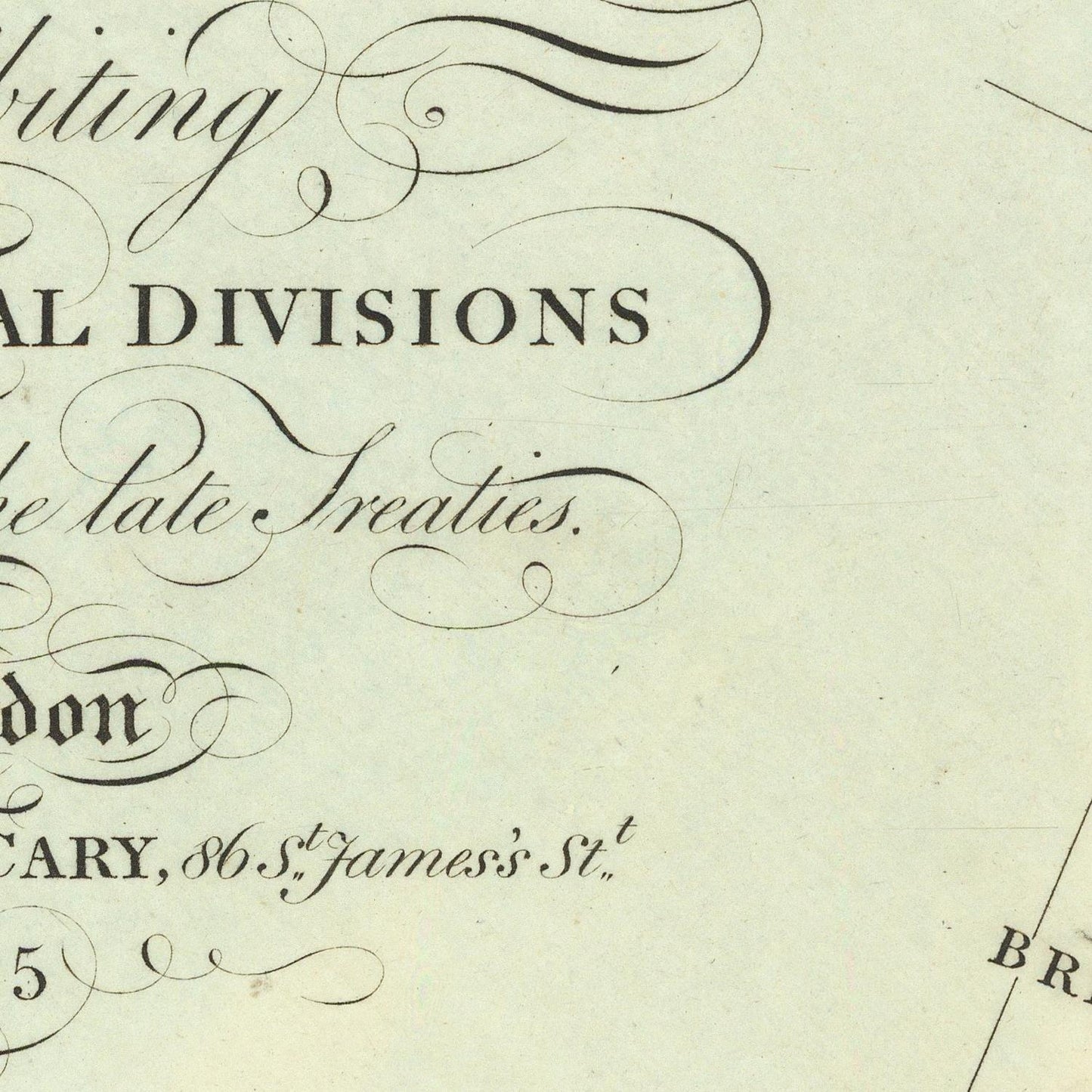 Close-up of a vintage printed page with ornate black cursive and serif text on aged cream paper, including the words 'Divisions' and 'late Treaties.'.