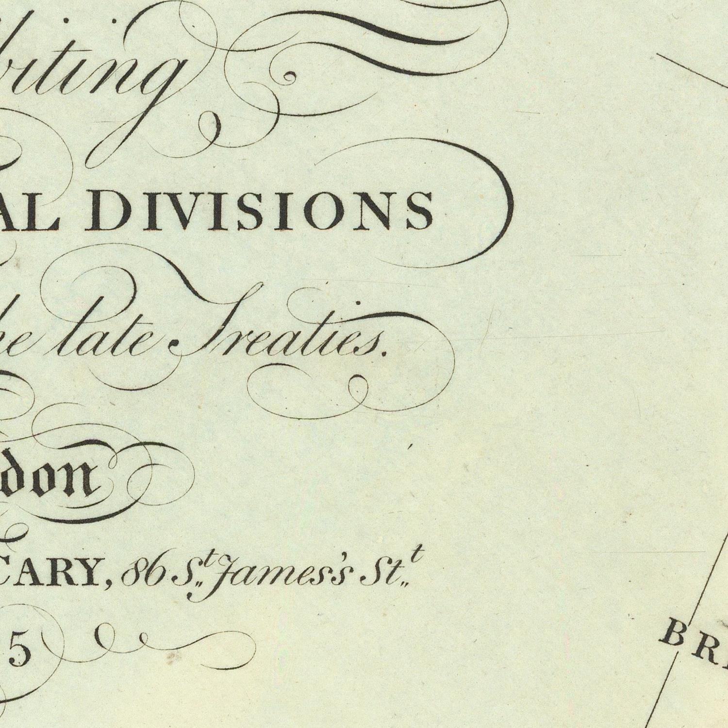 Close-up of a vintage printed page with ornate black cursive and serif text on aged cream paper, including the words 'Divisions' and 'late Treaties.'.
