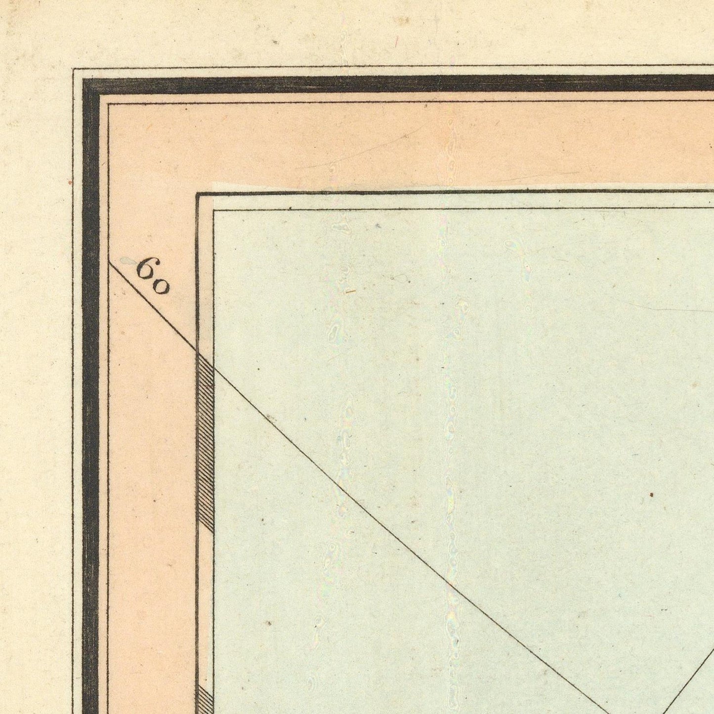 Close-up of a framed print or artwork corner showing a pale green central panel, peach border, dark inner border, and a thin diagonal line with the number 60.