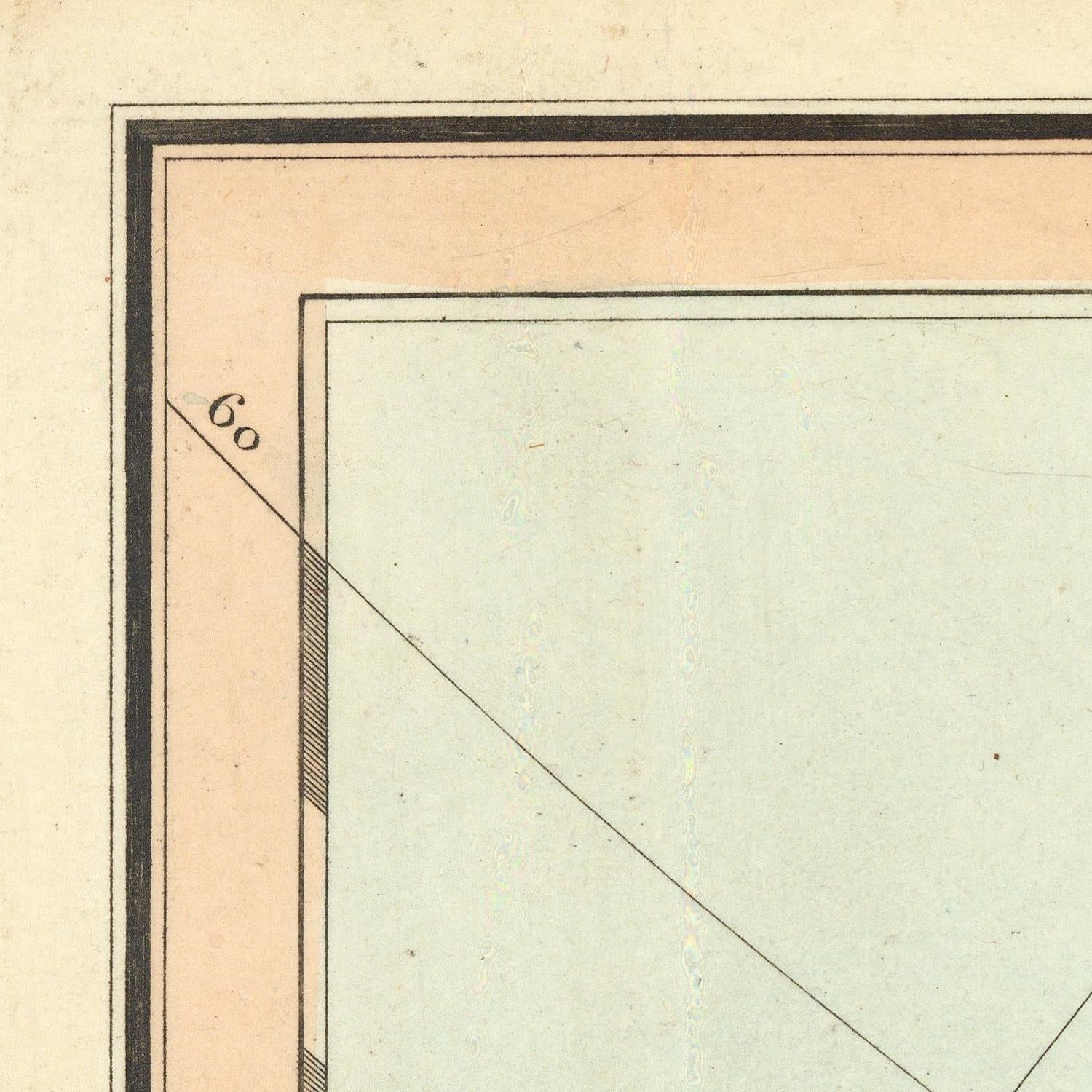 Close-up of a framed print or artwork corner showing a pale green central panel, peach border, dark inner border, and a thin diagonal line with the number 60.