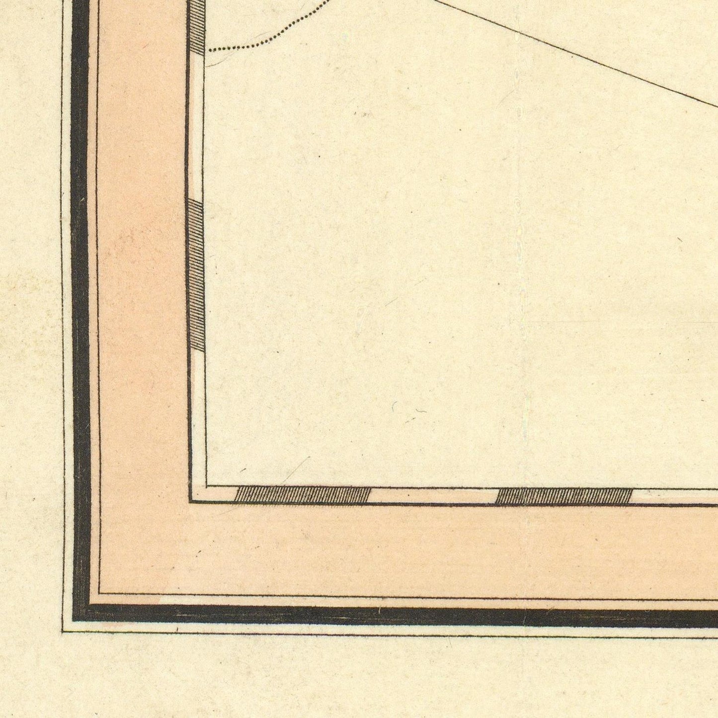 Close-up detail of a vintage map or print corner, showing a peach-colored border, black double-line framing, and a cream paper background.