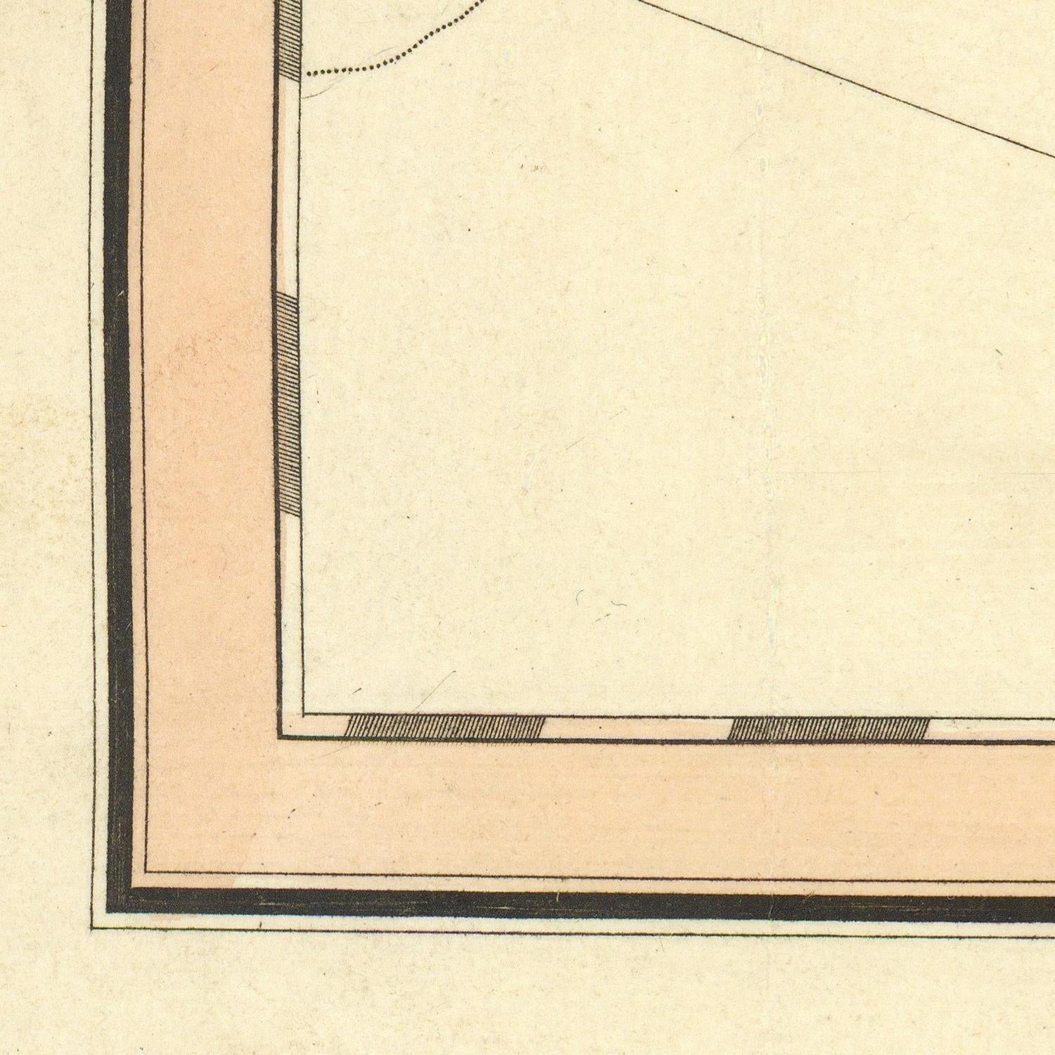 Close-up detail of a vintage map or print corner, showing a peach-colored border, black double-line framing, and a cream paper background.