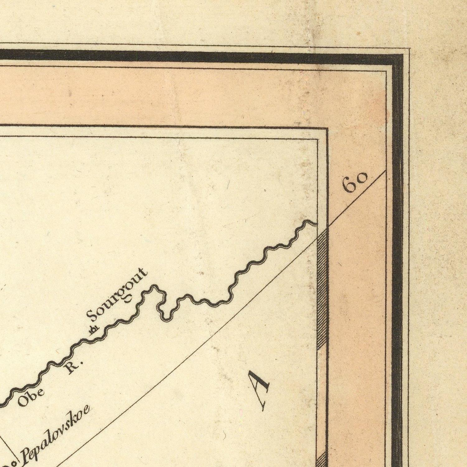 Close-up of a vintage map corner showing the Obes R. and Sourout river, with black linework, labels, and a peach border on aged cream paper.