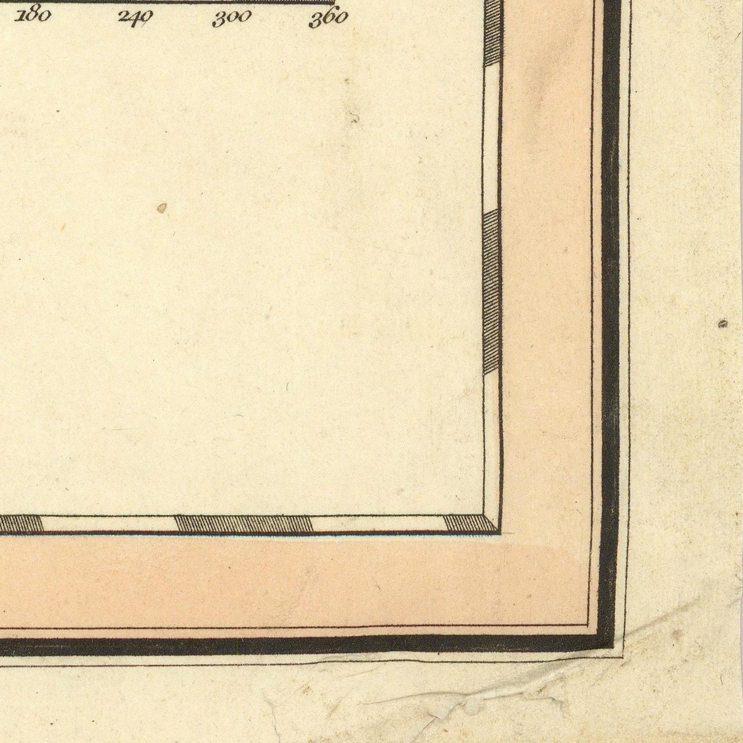 Close-up of an antique paper document corner showing a printed border with black lines, pale pink sections, and small gray hatched details on aged beige paper.