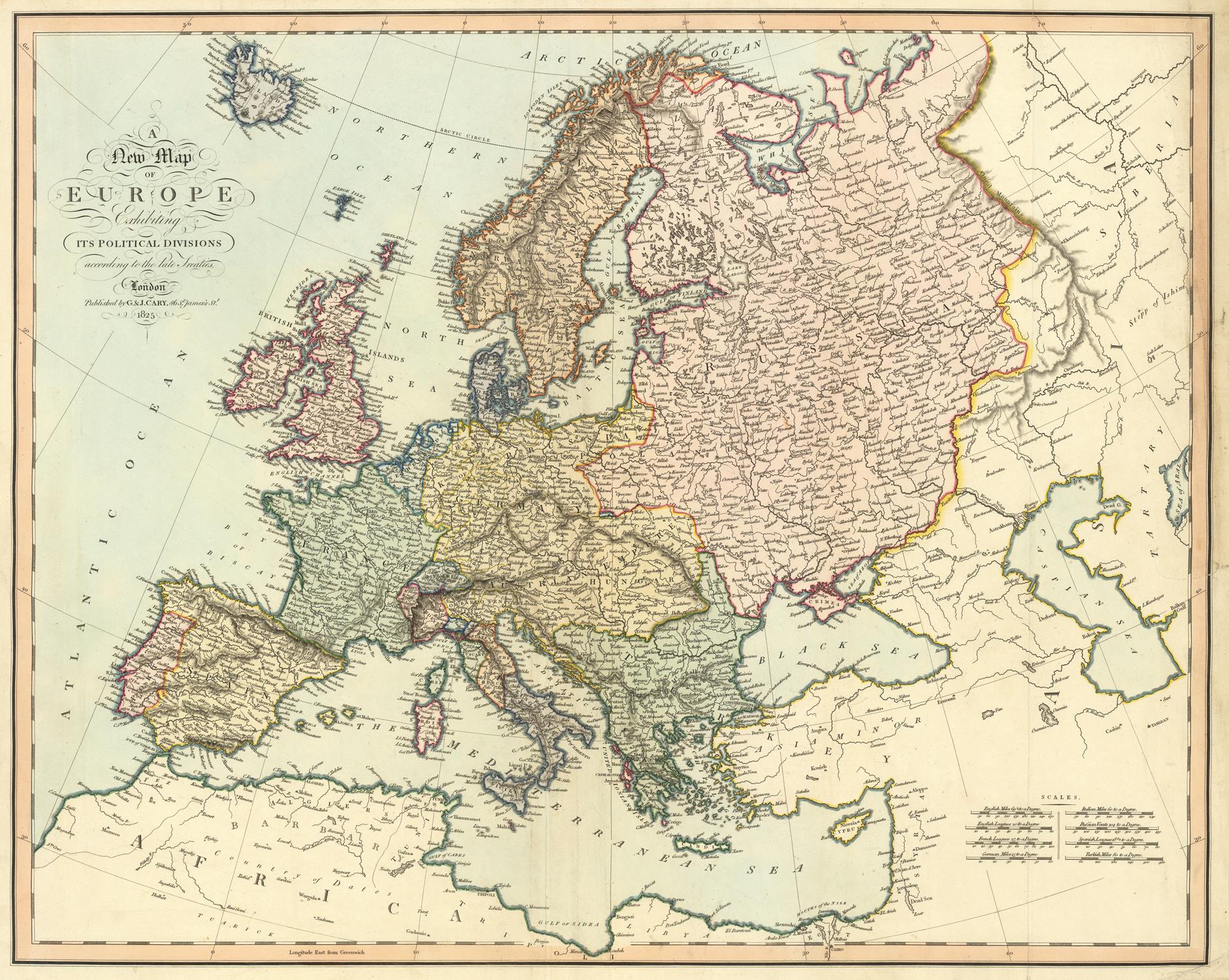 An antique-style map of Europe titled 'The Map of Europe Containing the Political States of Europe' with a decorative border, showing various countries in muted pastel colors on an aged cream background.