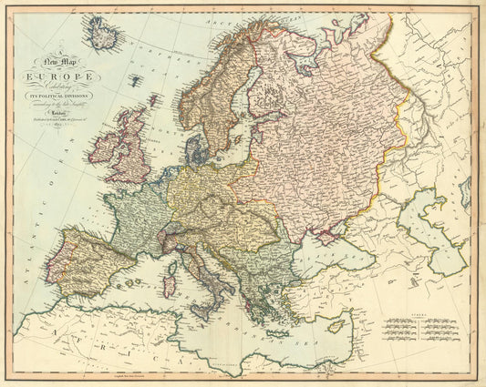 An antique-style map of Europe titled 'The Map of Europe Containing the Political States of Europe' with a decorative border, showing various countries in muted pastel colors on an aged cream background.