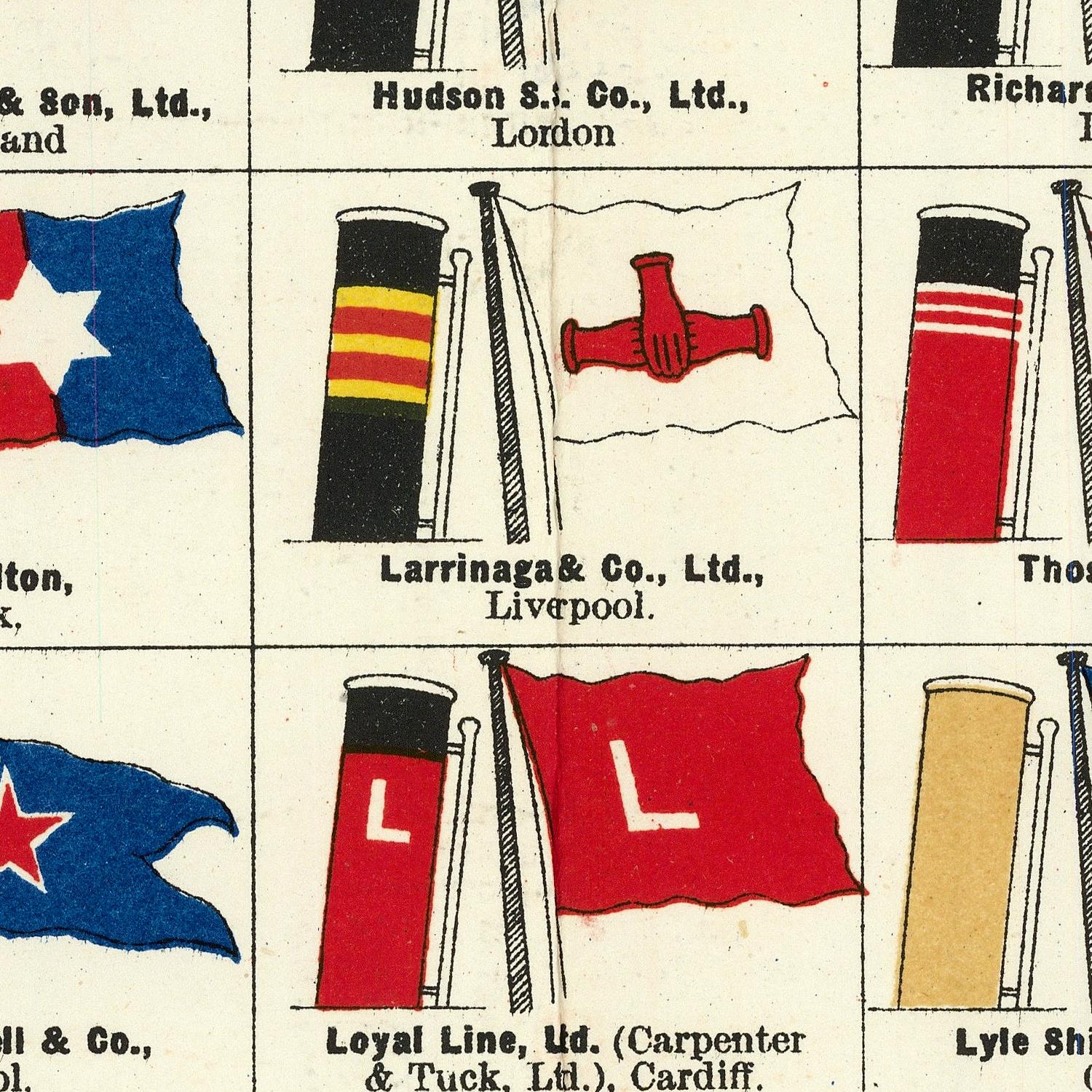 A cropped vintage-style chart or poster showing multiple maritime company flags and striped signal-like marks, with partial company names printed beneath some illustrations.