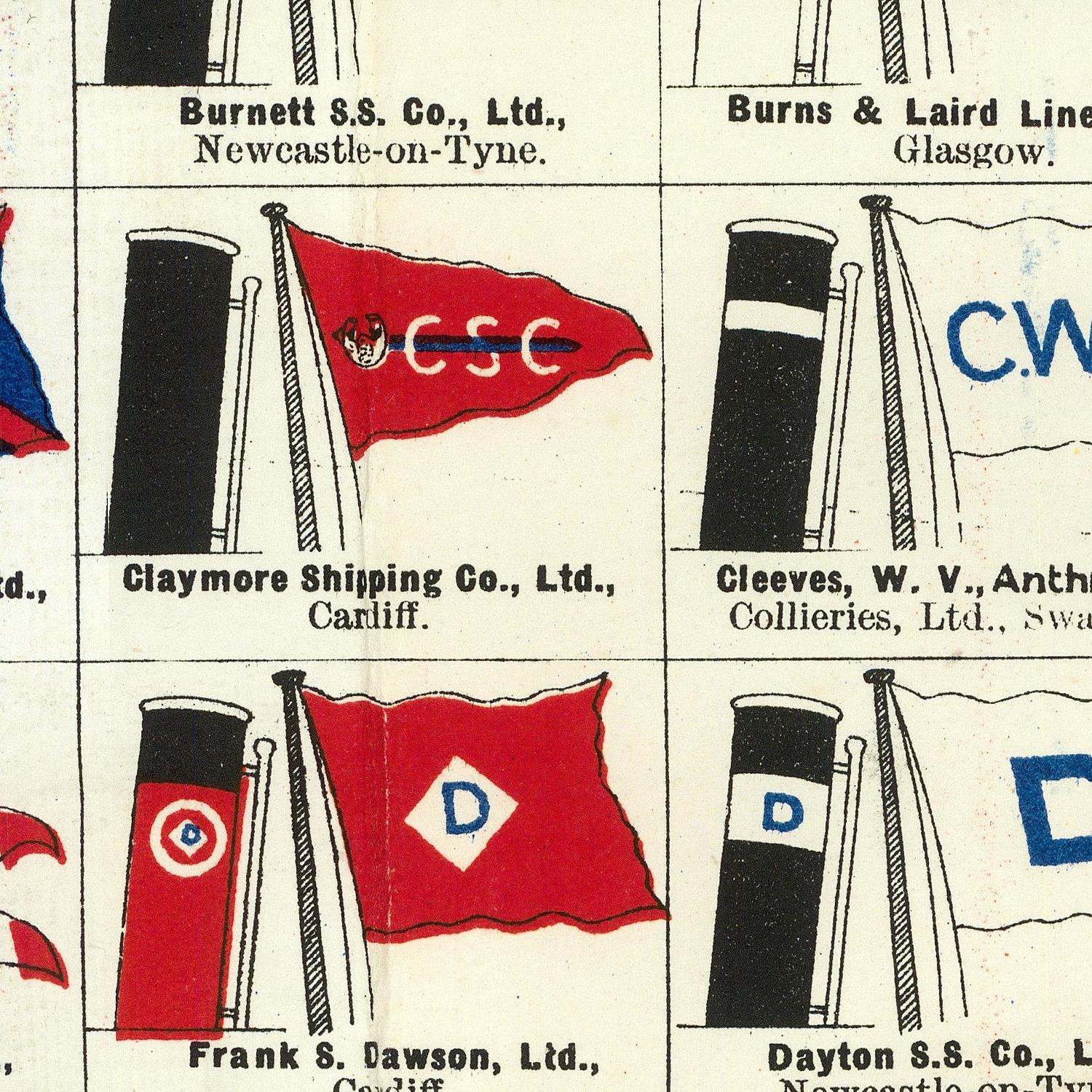A vintage printed poster or booklet page showing multiple ship company flags and names, including Burnett S.S.