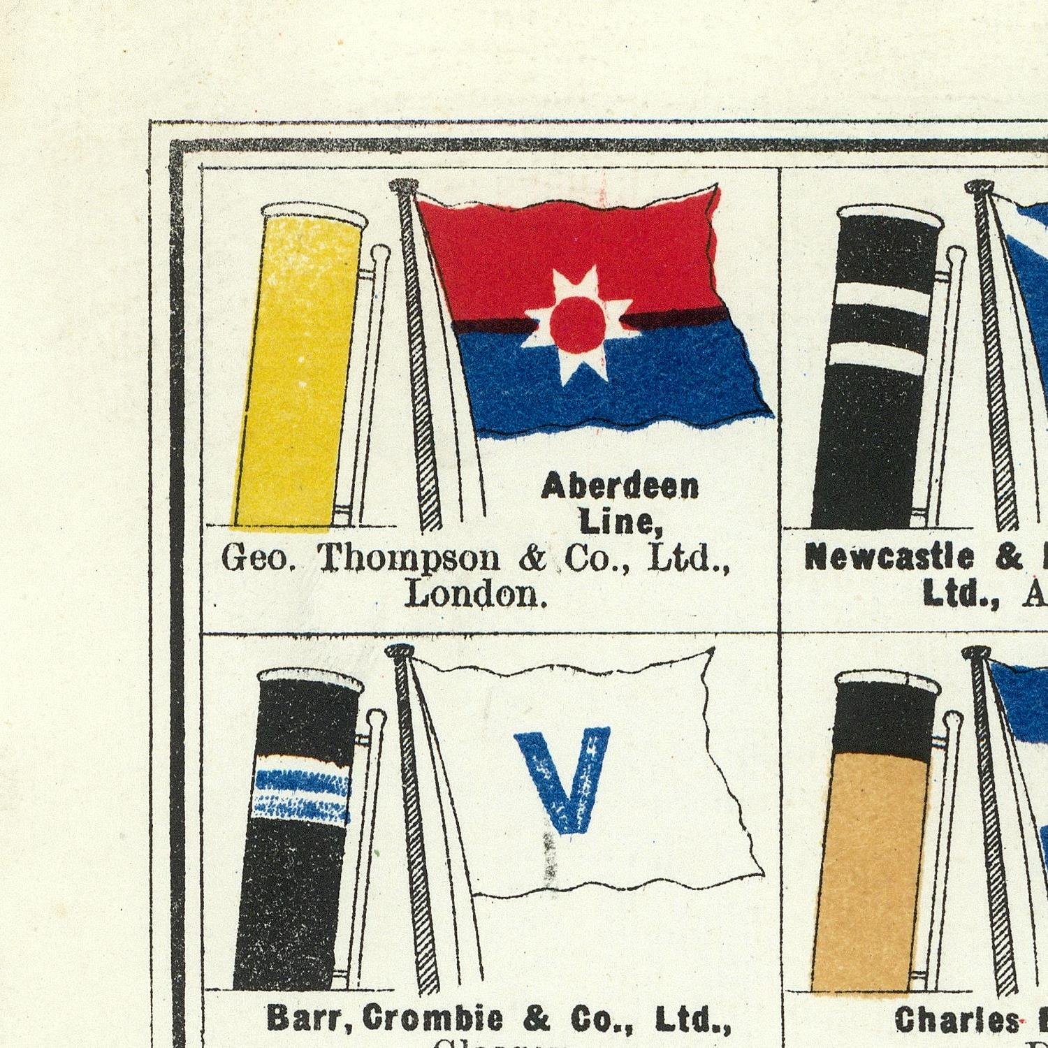 A vintage printed catalog page showing several flag designs and associated cylindrical items, with readable text including 'Aberdeen Line,' 'Newcastle & .