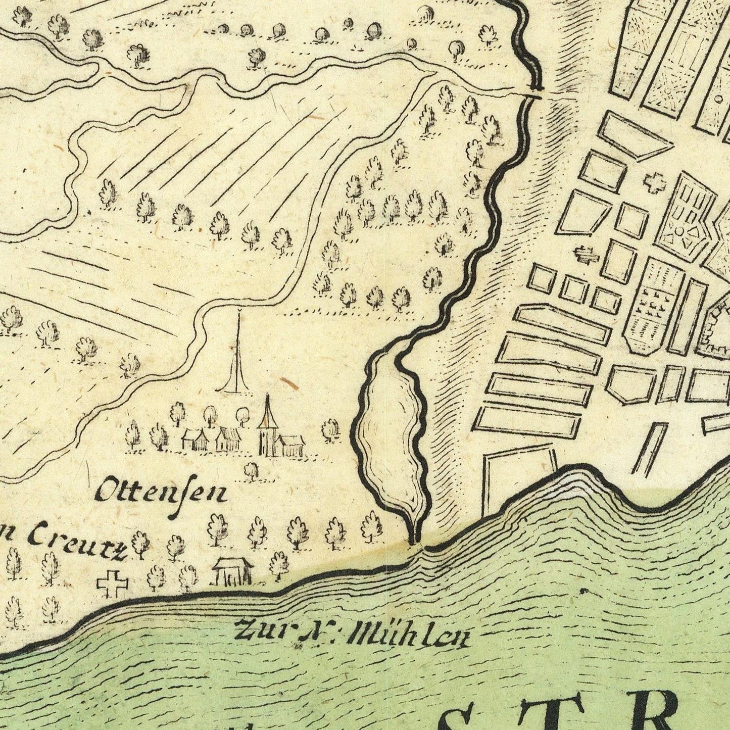 Close-up of an antique-style map showing a coastline with labeled places including 'Ottenfen' and 'Zur N. Milhlen', with trees, fields, buildings, and a pale green water area.