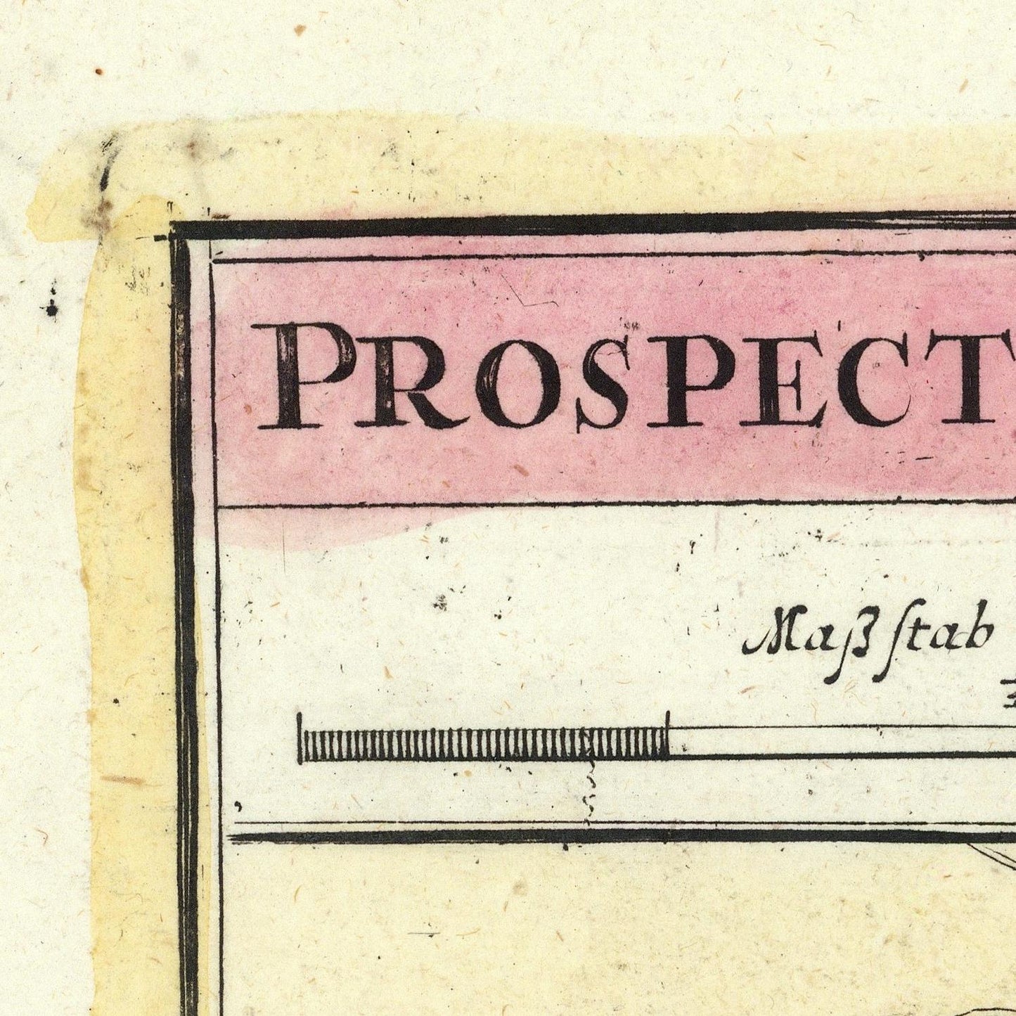 Close-up of a vintage document or book page with the word 'PROSPECTUS' in black serif text on a pink header, printed on aged cream paper with a yellow border.