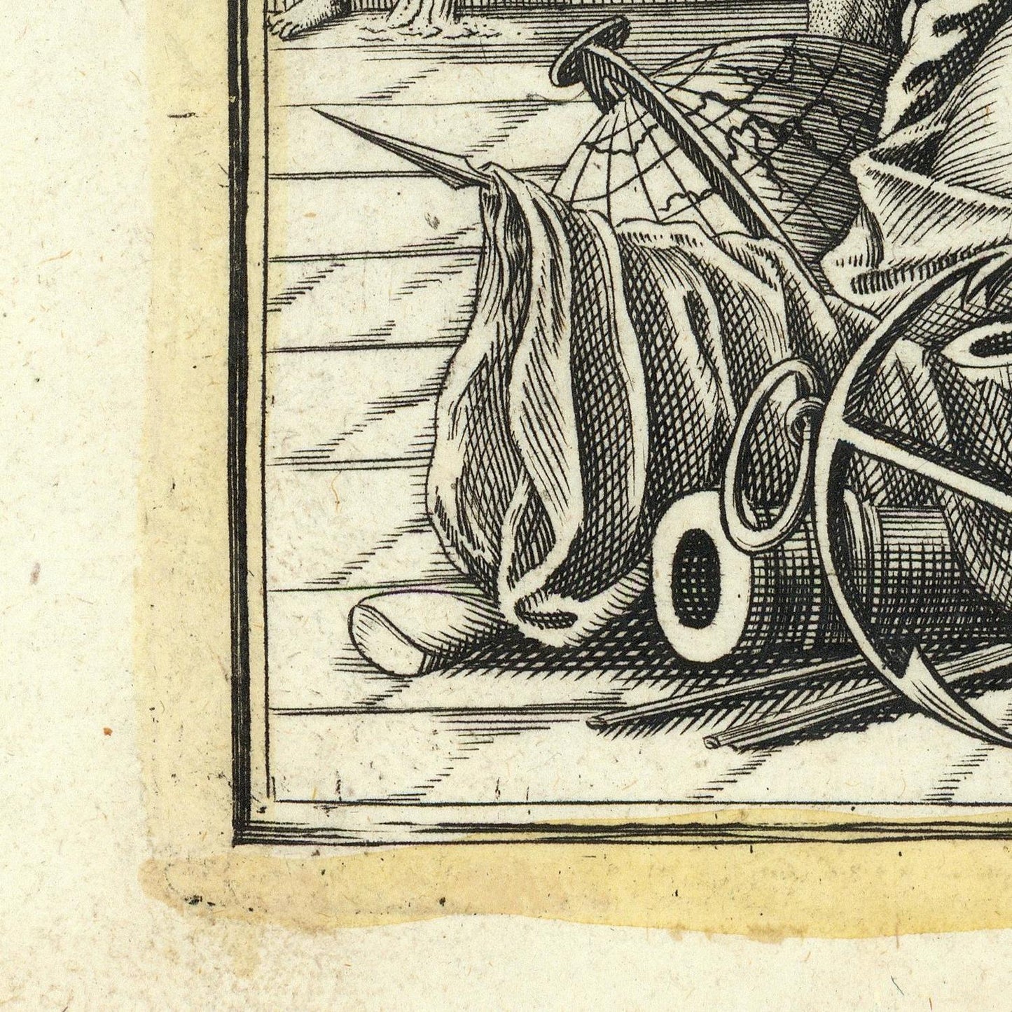Close-up detail of a vintage black ink illustration on aged beige paper, showing a draped fabric object with a circular ring-like form and fine linework.