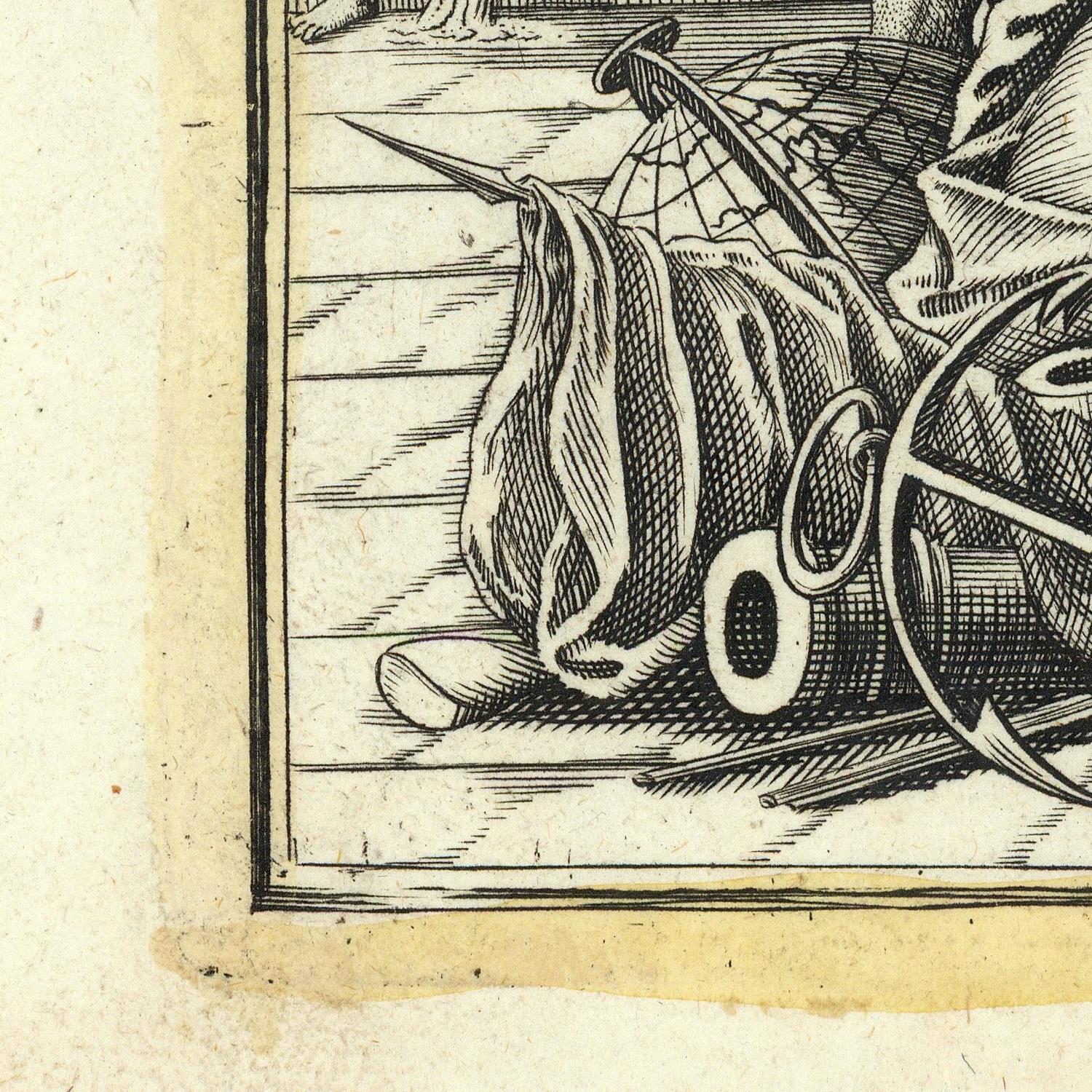 Close-up detail of a vintage black ink illustration on aged beige paper, showing a draped fabric object with a circular ring-like form and fine linework.