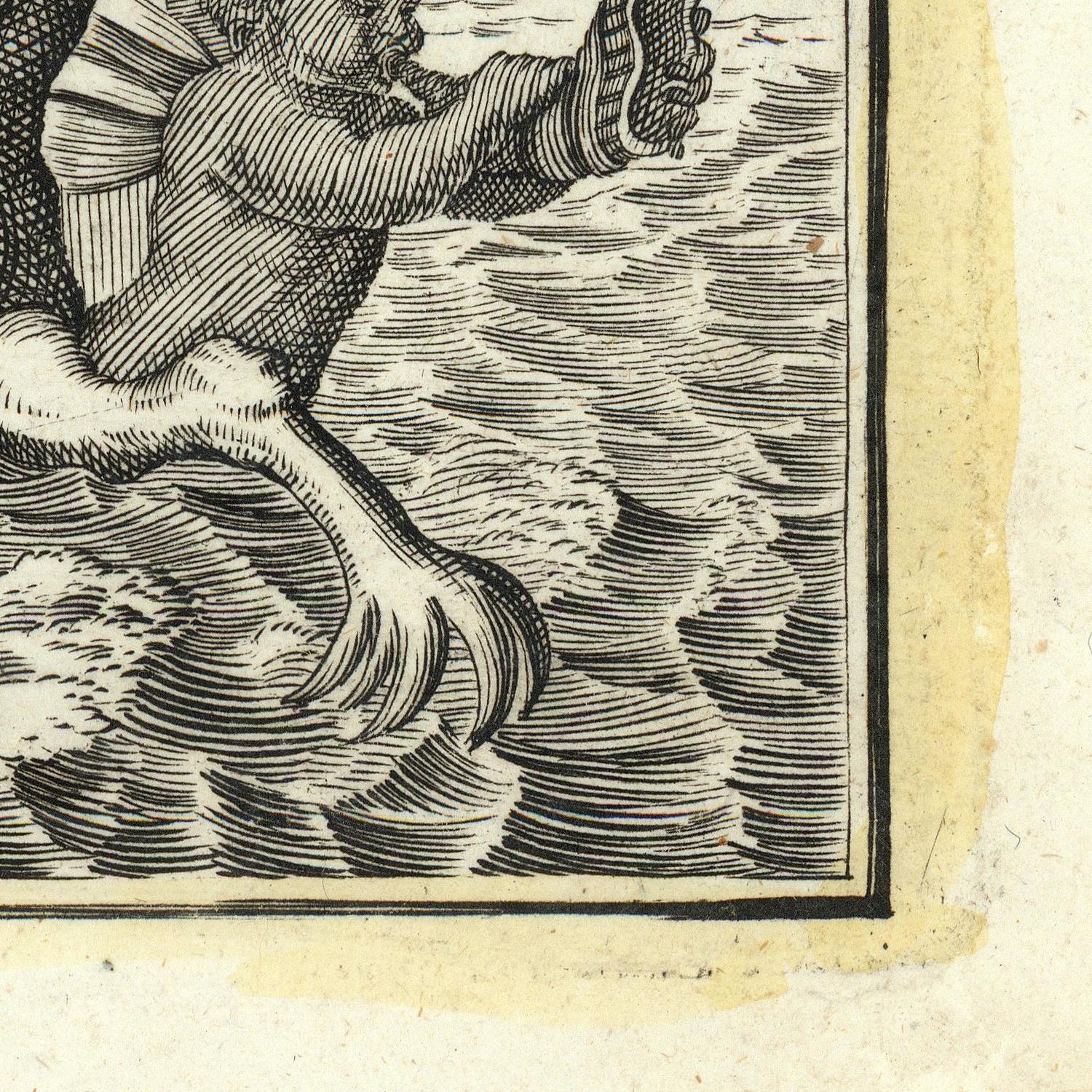 Close-up of a vintage black ink woodcut illustration on aged beige paper, showing a figure in a ruffled coat reaching toward waves, with the paper corner and margin visible.