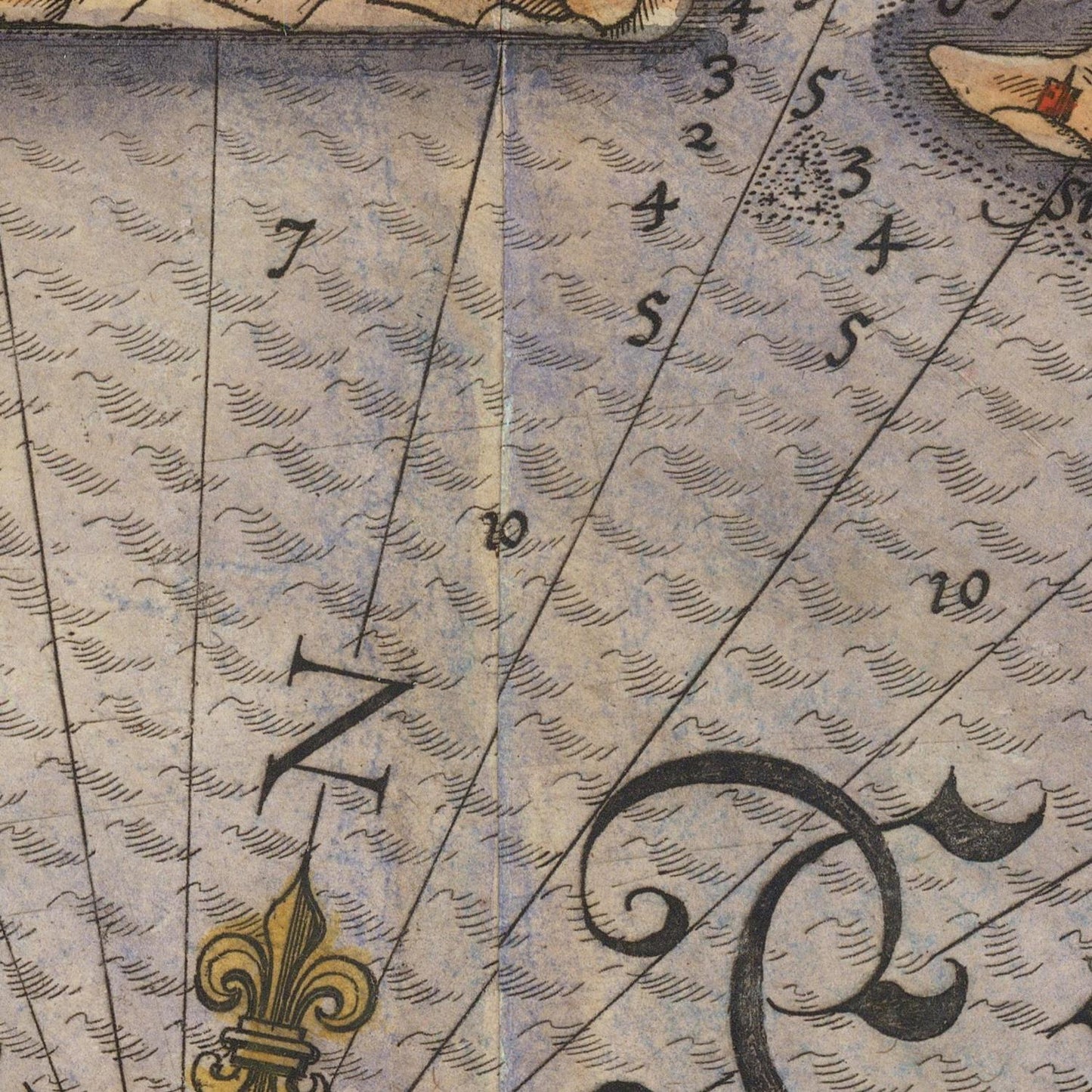 Close-up of an antique-style map or nautical chart showing wave patterns, compass directions, numbers, and a decorative gold fleur-de-lis on aged parchment.