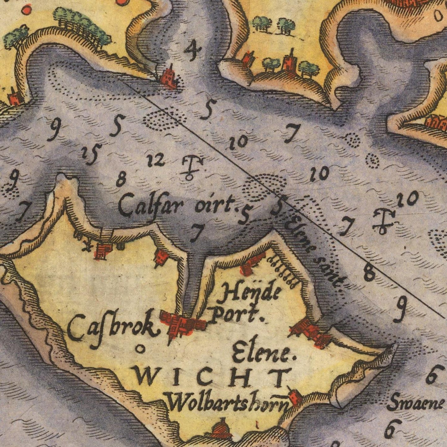 Close-up of a vintage-style map showing landmasses, water, handwritten place names, and numerical depth markings in muted blue, beige, and brown tones.