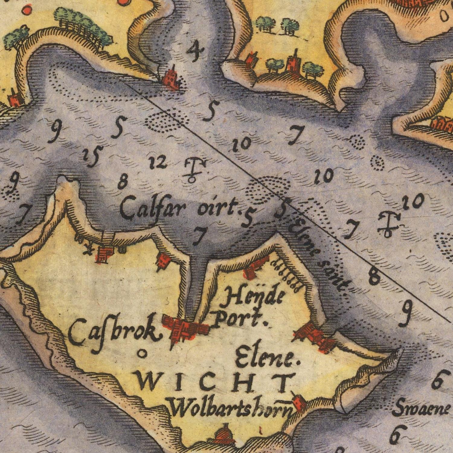 Close-up of a vintage-style map showing landmasses, water, handwritten place names, and numerical depth markings in muted blue, beige, and brown tones.
