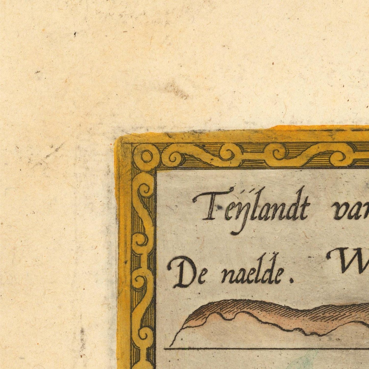 Close-up detail of a vintage printed page showing part of a decorative gold border and handwritten text on aged cream paper.