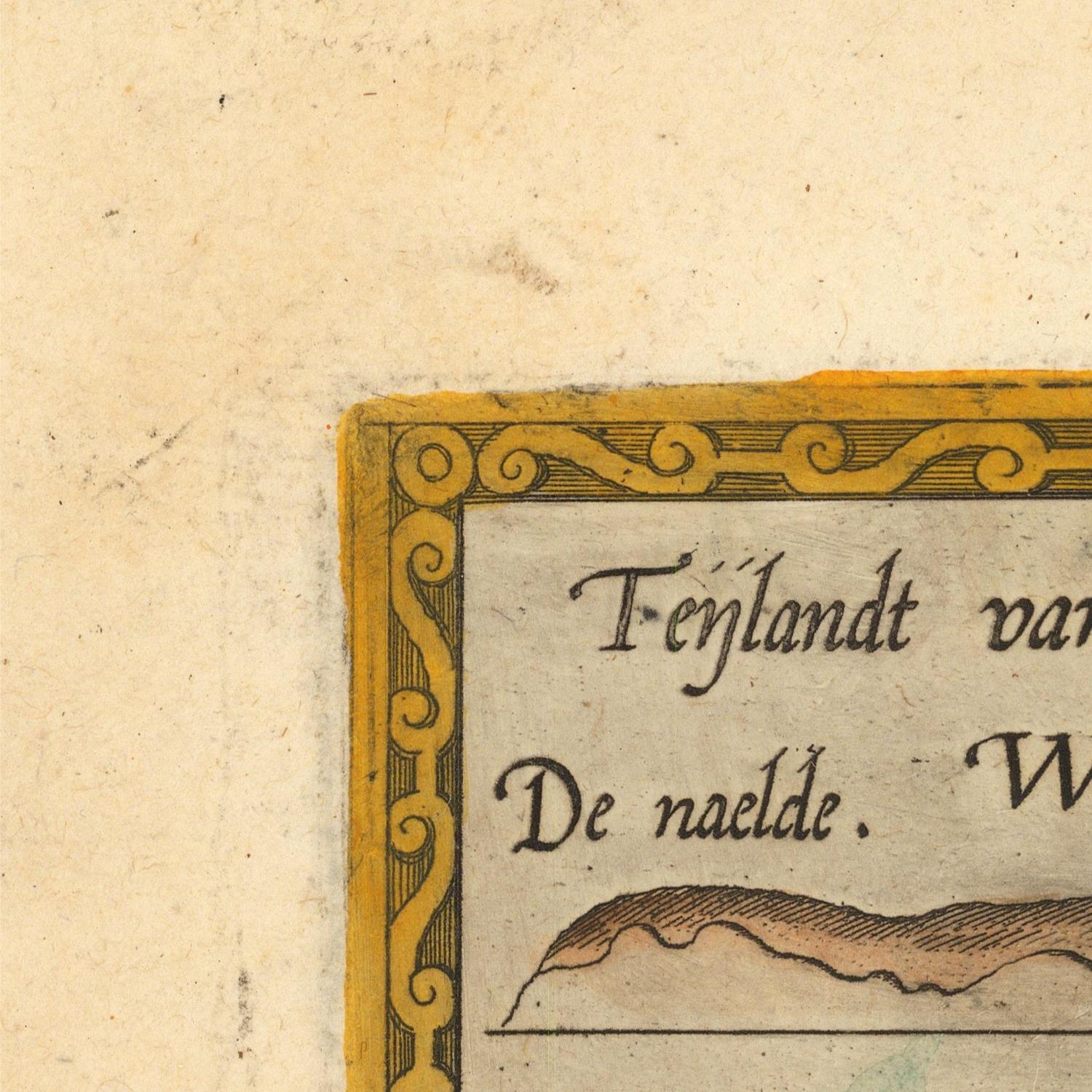 Close-up detail of a vintage printed page showing part of a decorative gold border and handwritten text on aged cream paper.