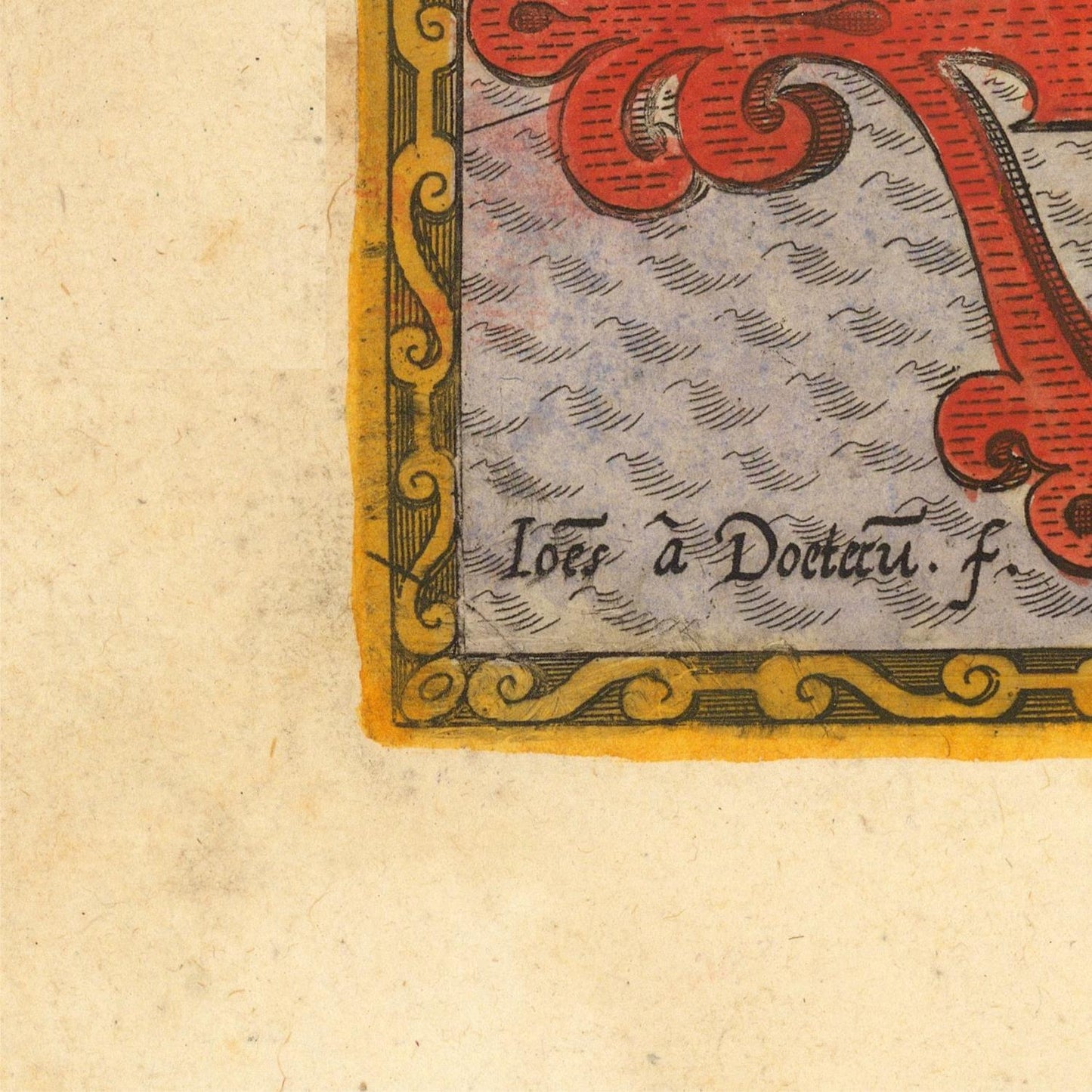 Close-up detail of an antique book page showing a decorative red and gold illuminated initial, black handwritten text reading 'Iois à Docteur f.', and a yellow border on aged beige paper.