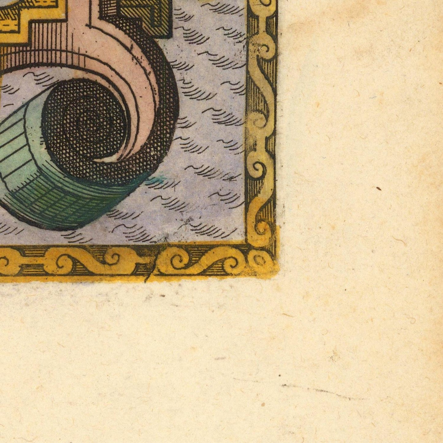 Close-up of an antique-style printed page corner showing part of a decorative numeral or illustration with a gold border on aged beige paper.