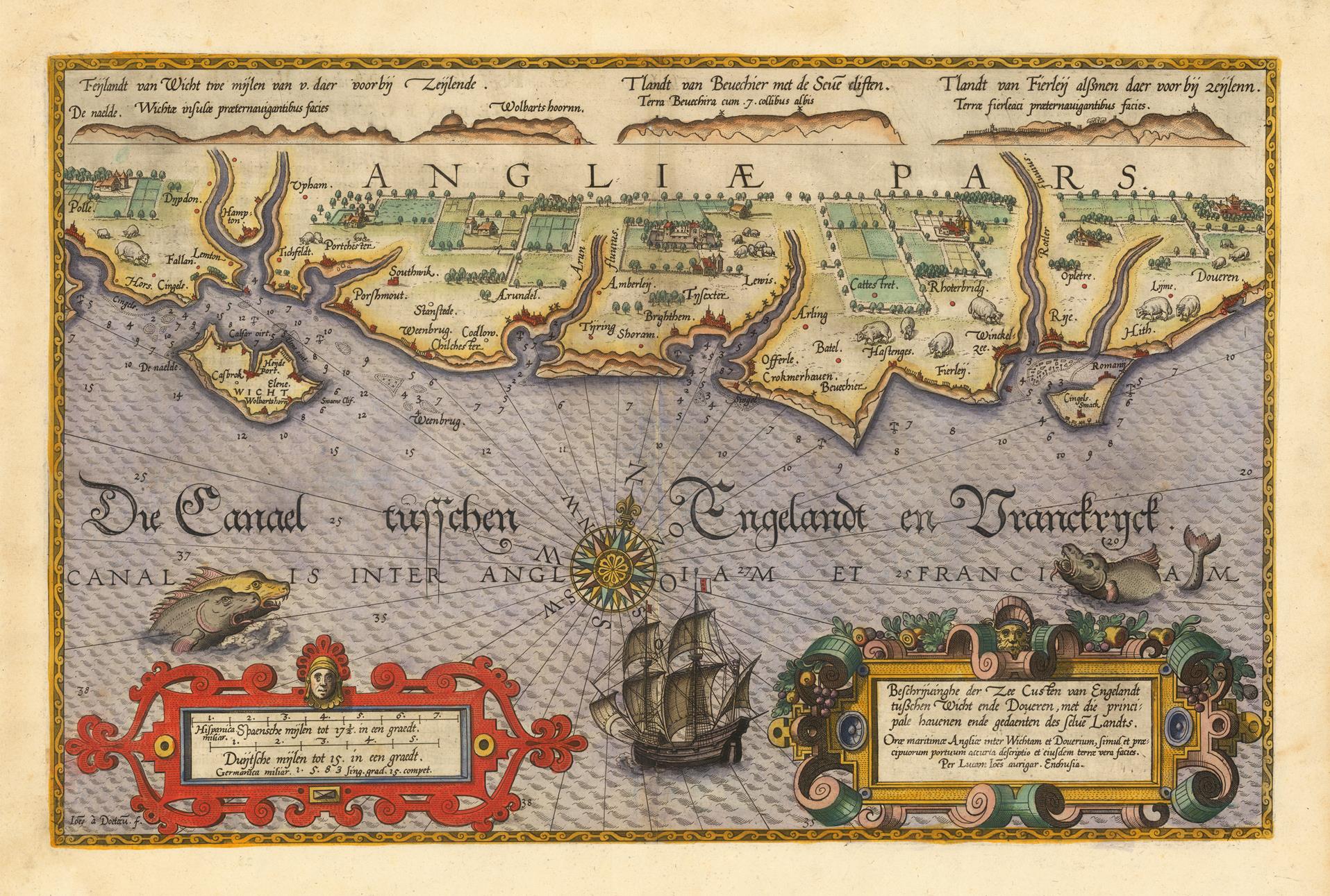 An antique-style map print of England and France with decorative cartouche, compass rose, sea creatures, and ornate border details on a beige background.
