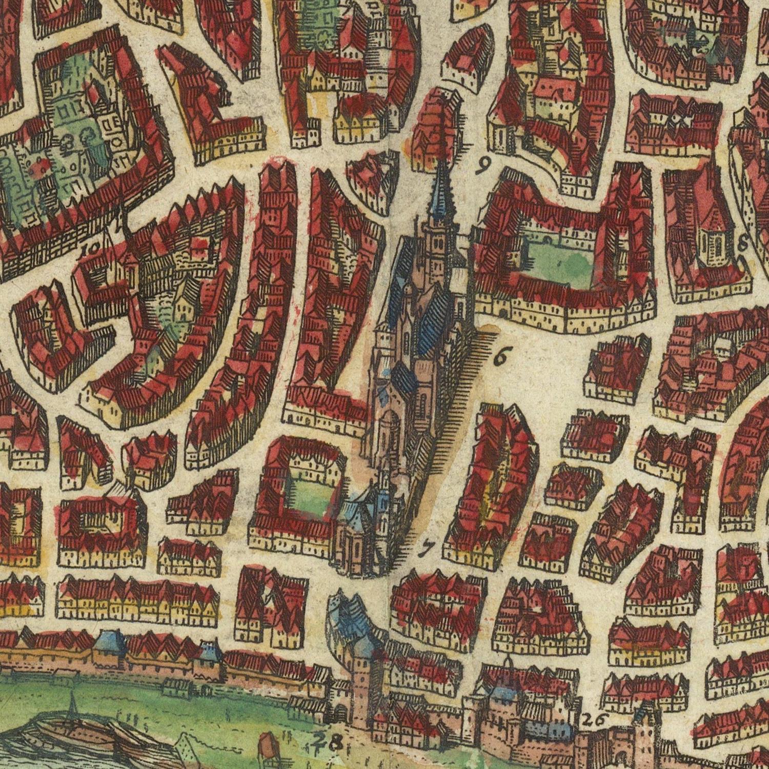 A close-up of an antique-style city map print showing dense streets, red-roofed buildings, towers, and small green areas on an aged cream background.