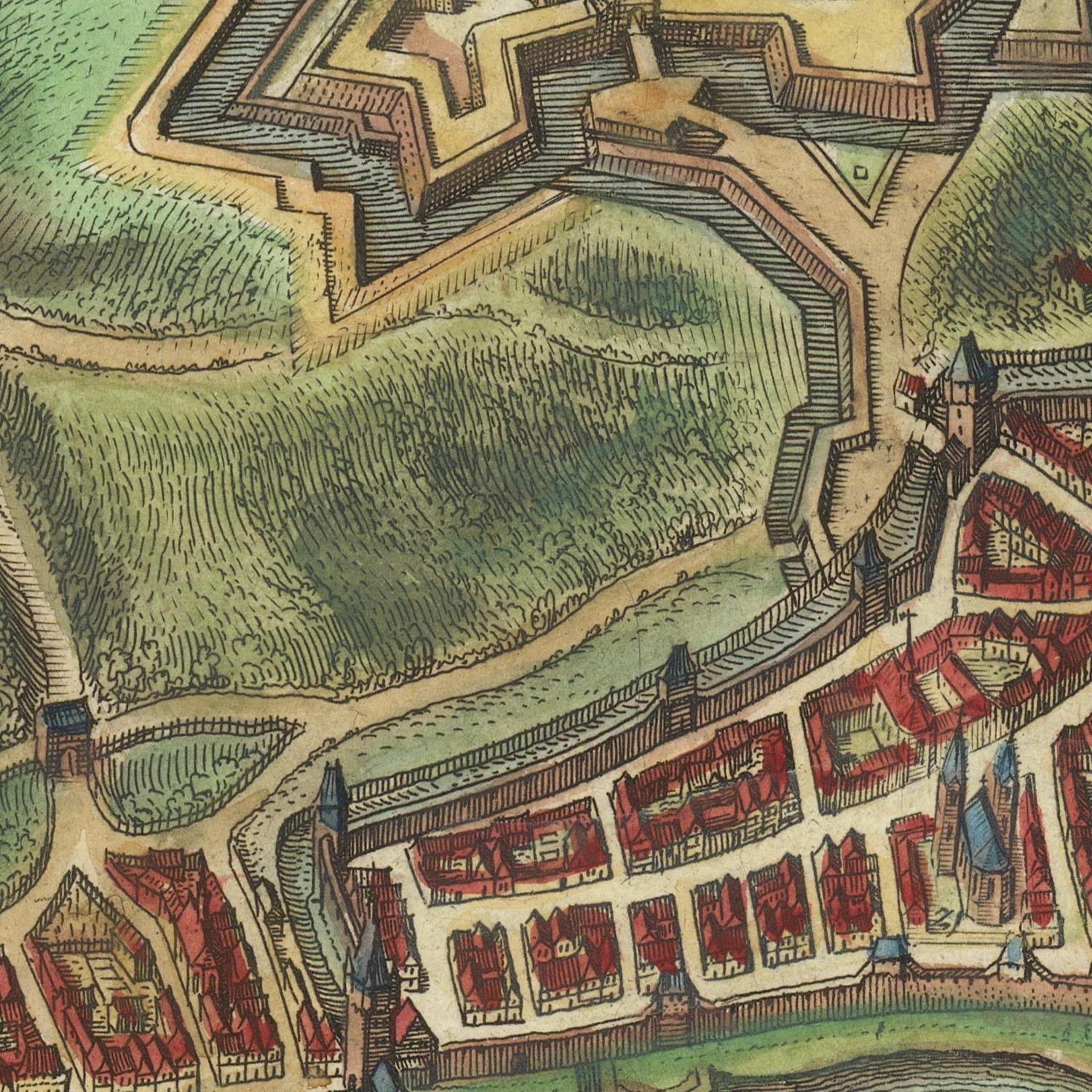 An antique-style map or architectural illustration showing a fortified city layout with green hills, red-roofed buildings, walls, and towers.
